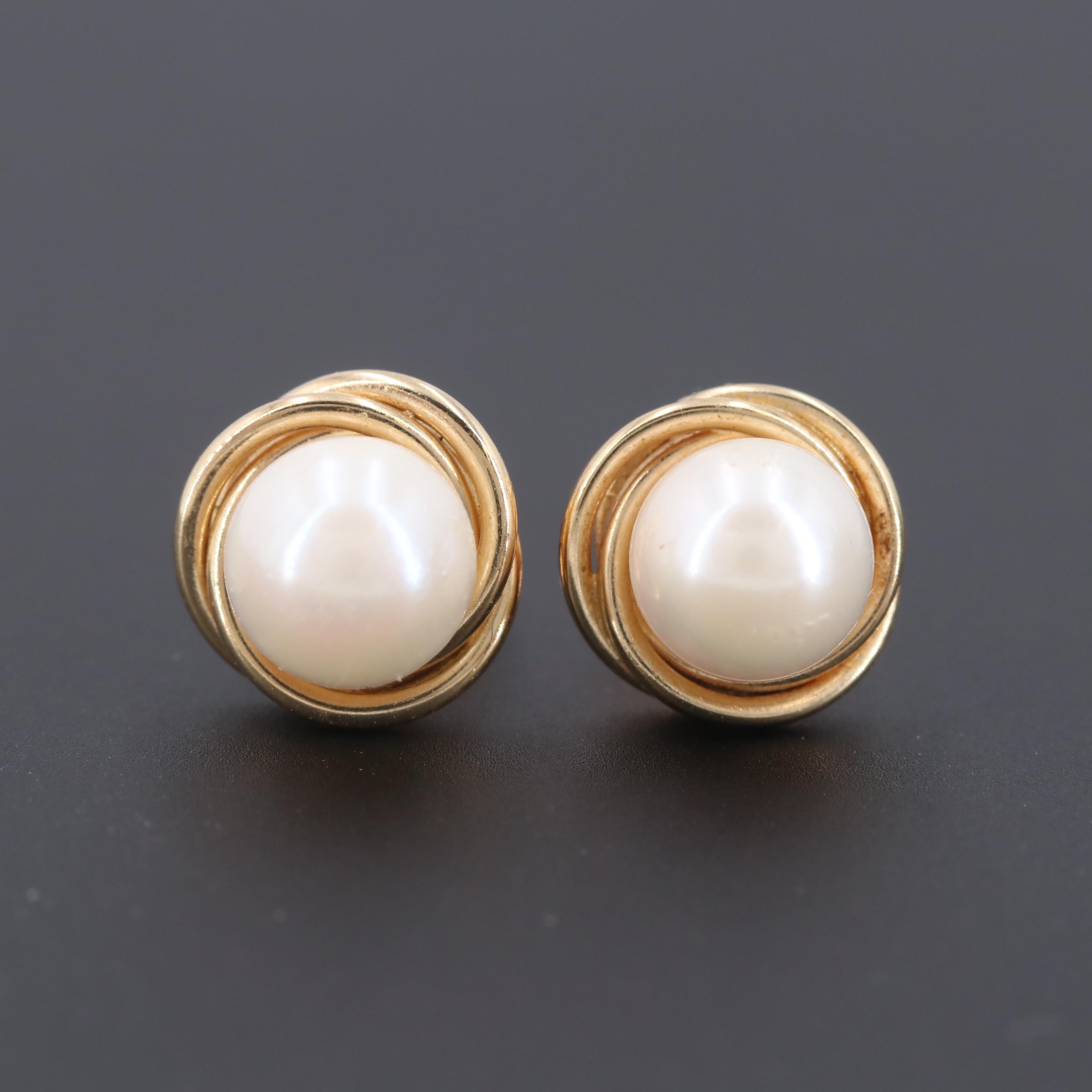 14K Yellow Gold Cultured Pearl Stud Earrings
