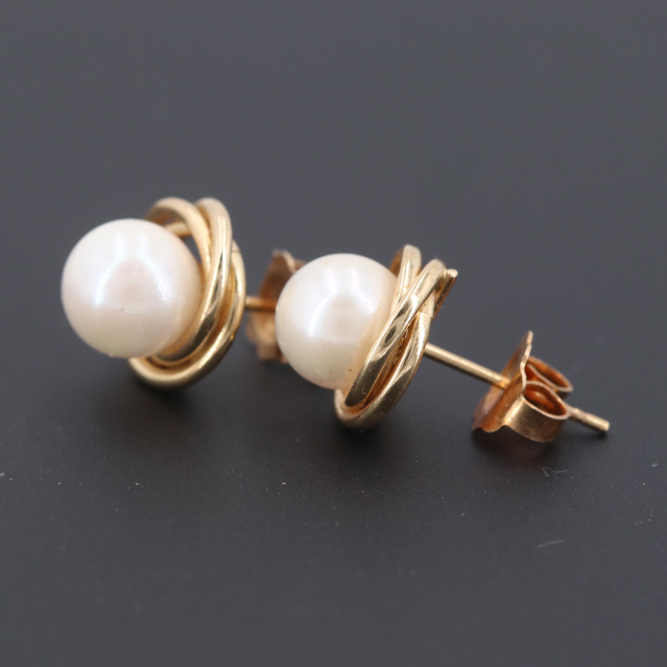 14K Yellow Gold Cultured Pearl Stud Earrings