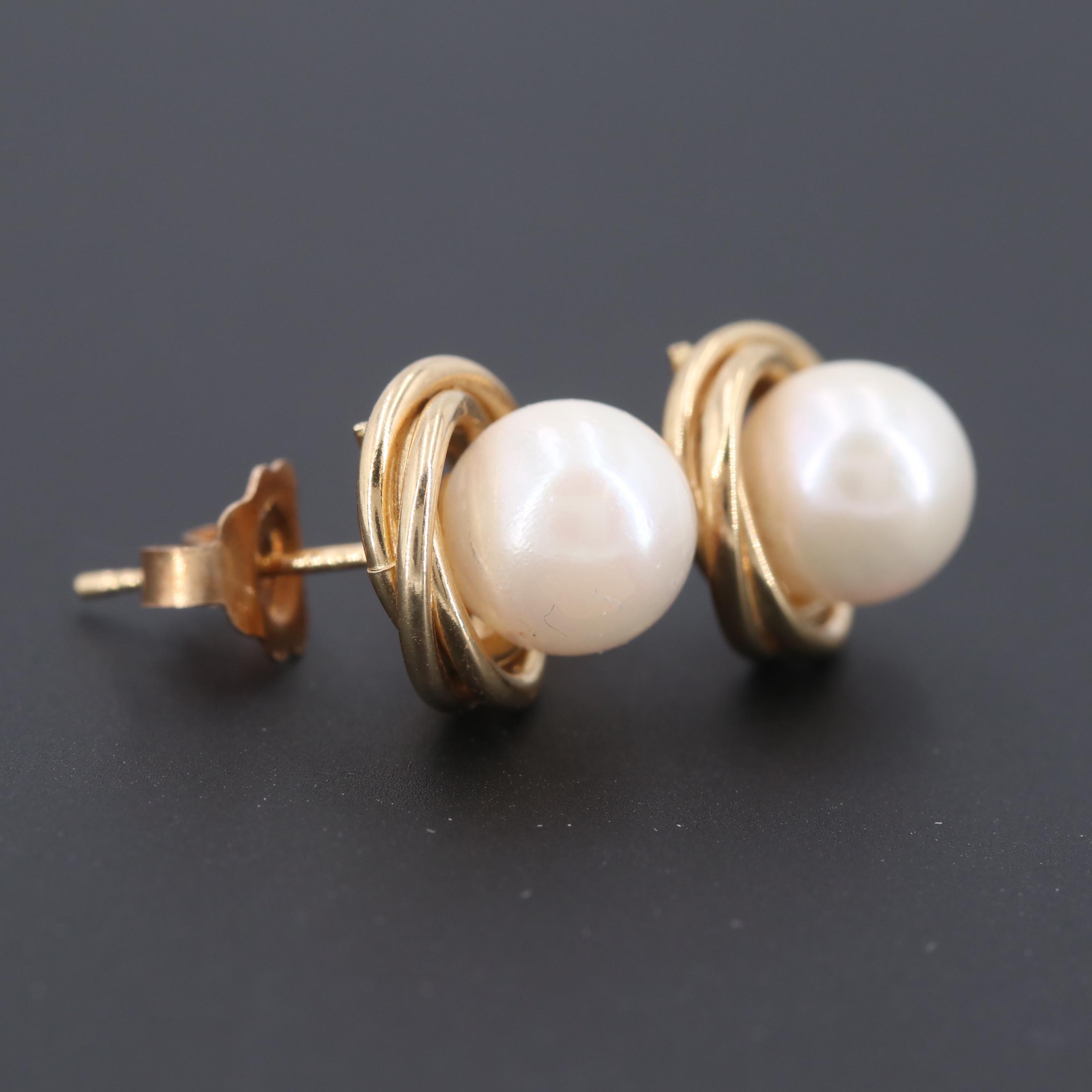 14K Yellow Gold Cultured Pearl Stud Earrings