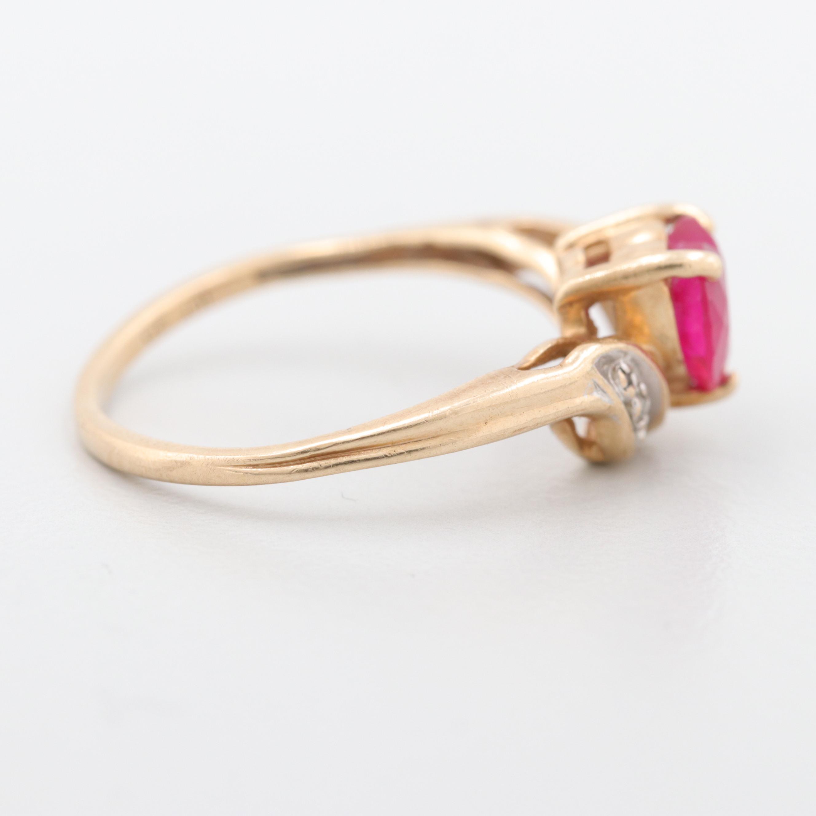 10K Yellow Gold Synthetic Ruby and Diamond Ring