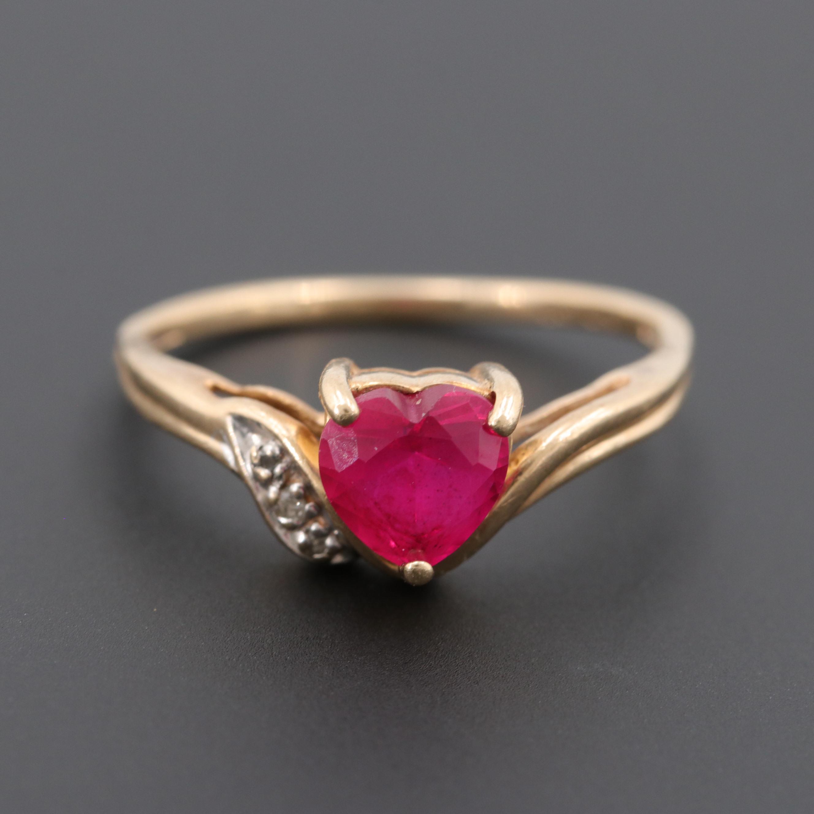 10K Yellow Gold Synthetic Ruby and Diamond Ring