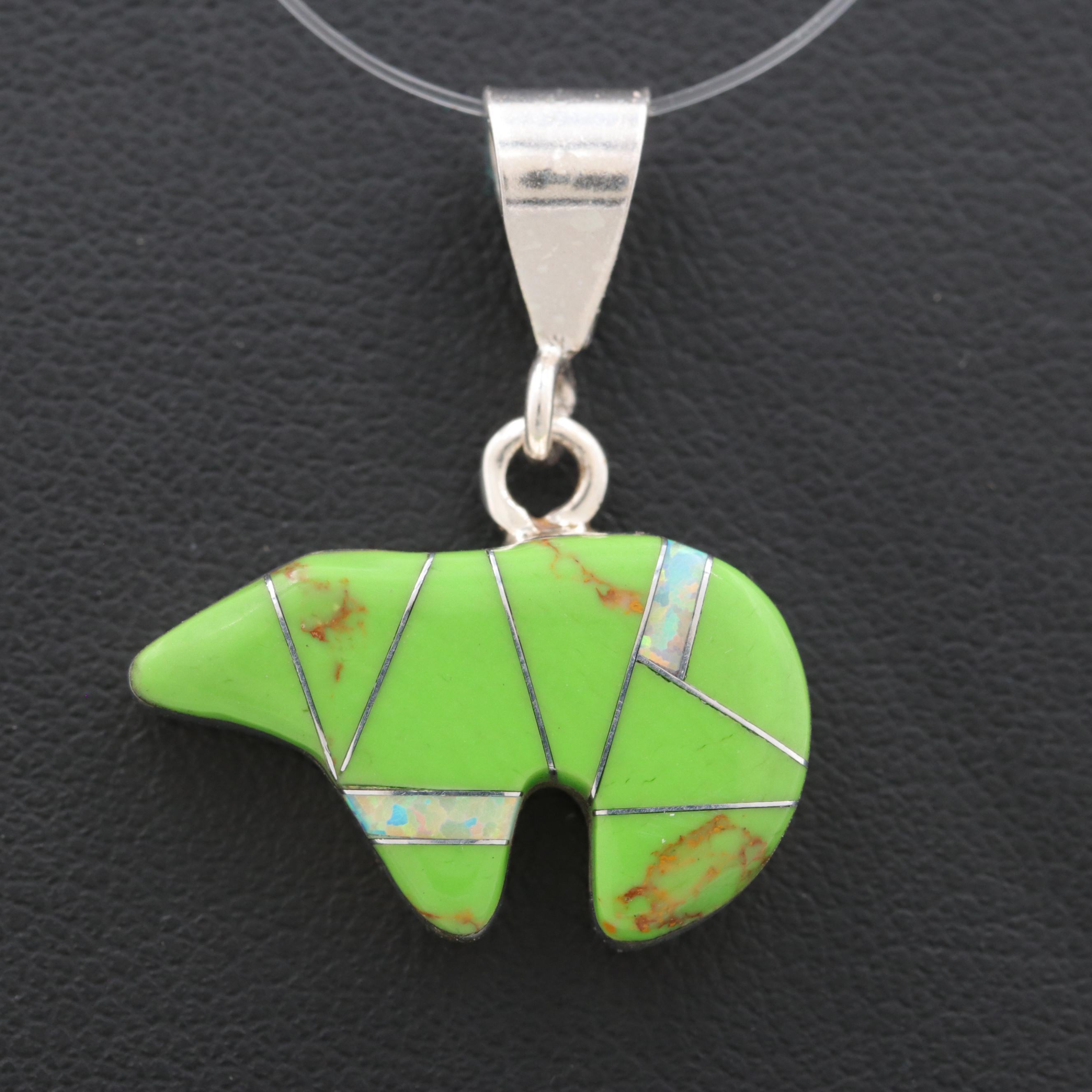 Southwestern Style Sterling Silver Gaspeite and Synthetic Opal Bear Pendant