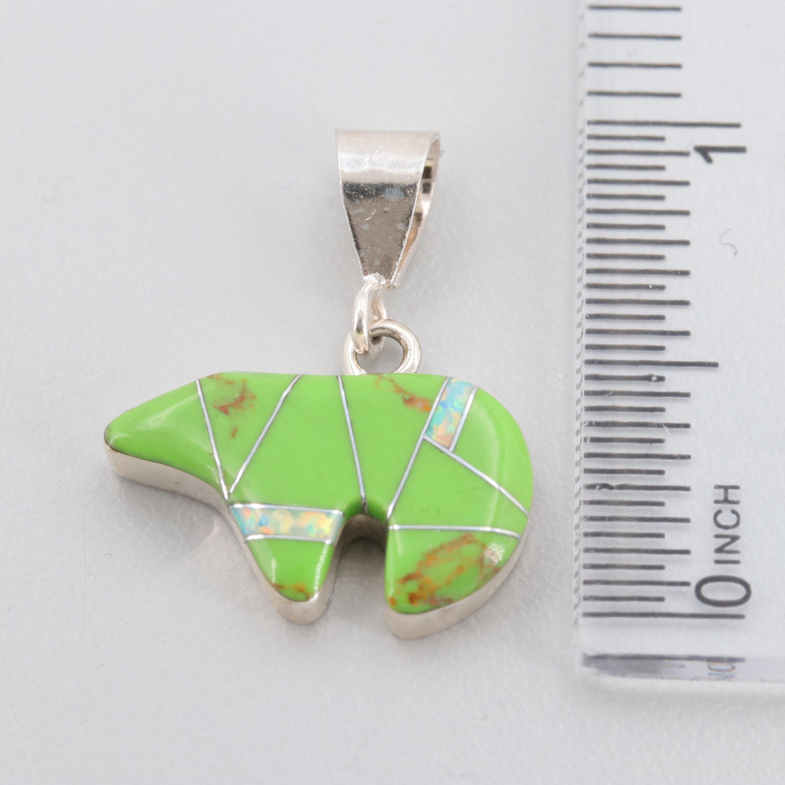 Southwestern Style Sterling Silver Gaspeite and Synthetic Opal Bear Pendant