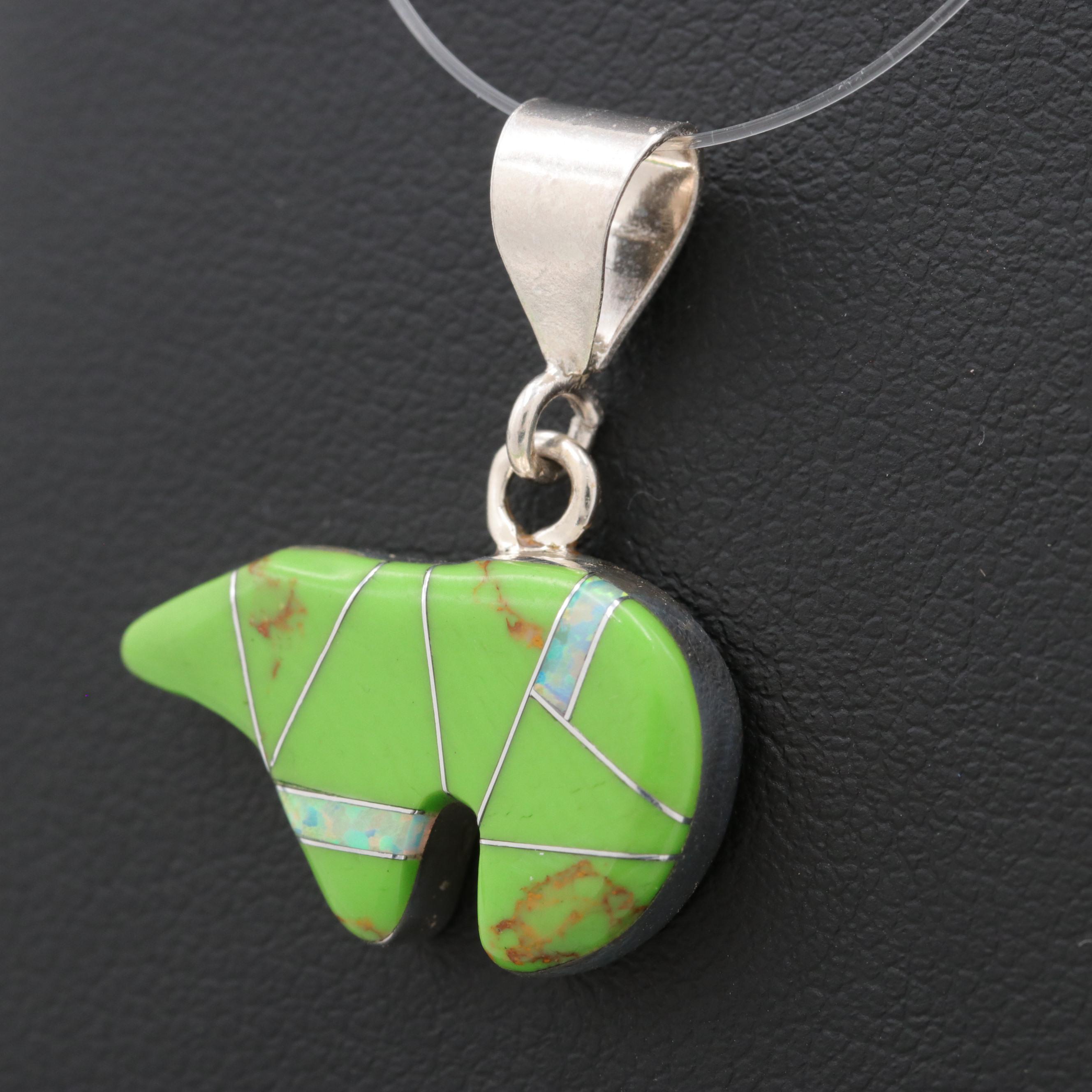 Southwestern Style Sterling Silver Gaspeite and Synthetic Opal Bear Pendant