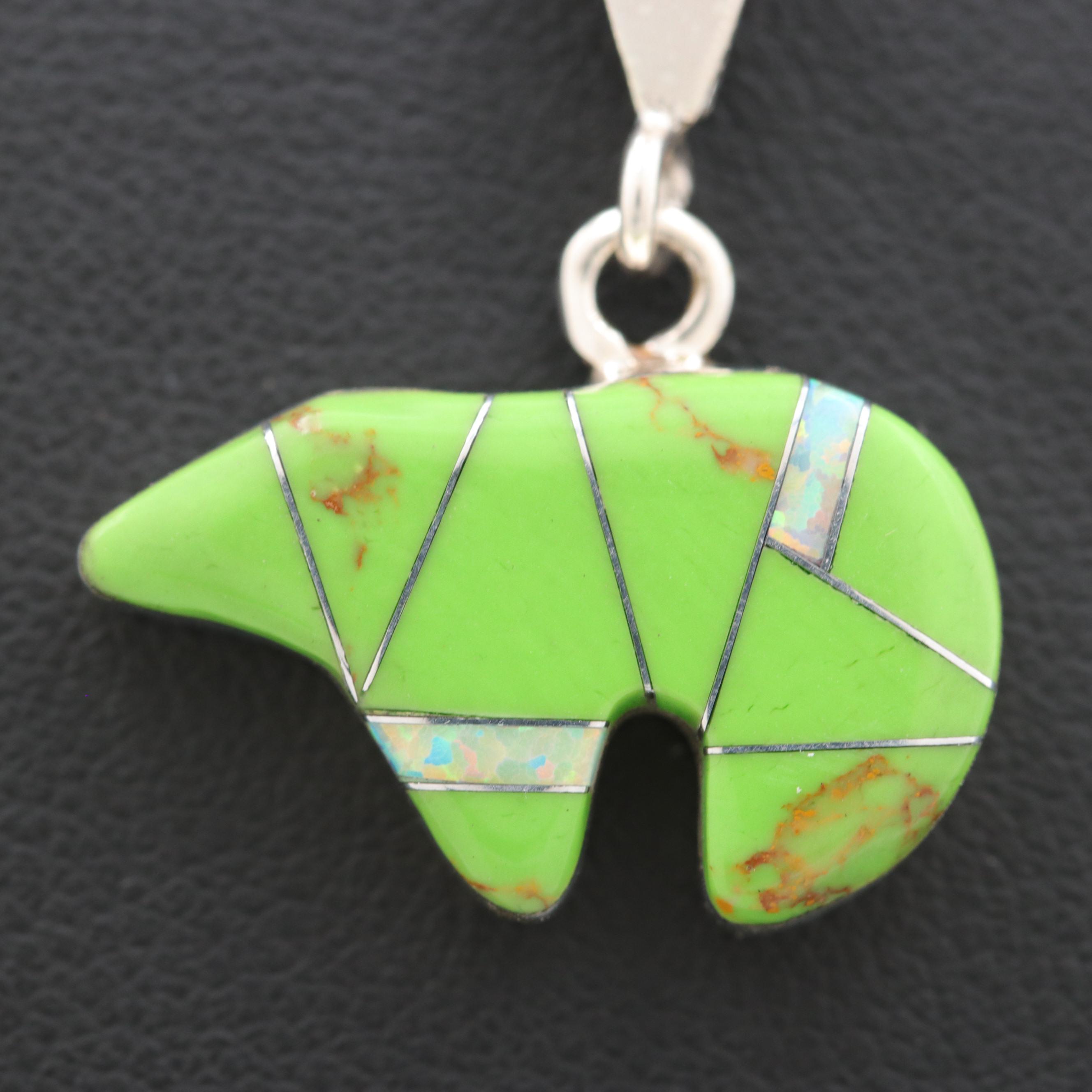 Southwestern Style Sterling Silver Gaspeite and Synthetic Opal Bear Pendant