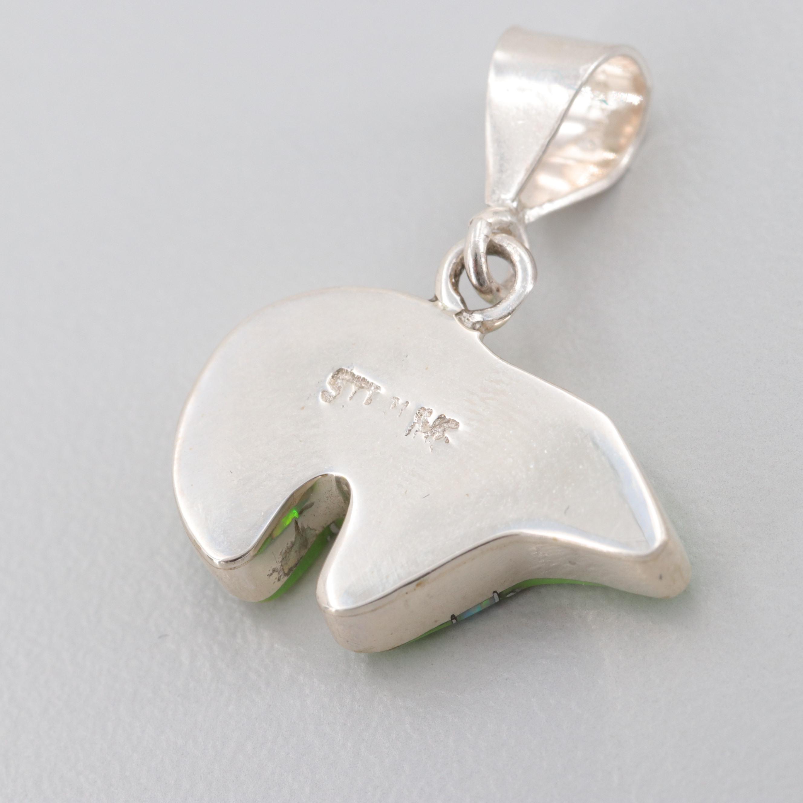 Southwestern Style Sterling Silver Gaspeite and Synthetic Opal Bear Pendant