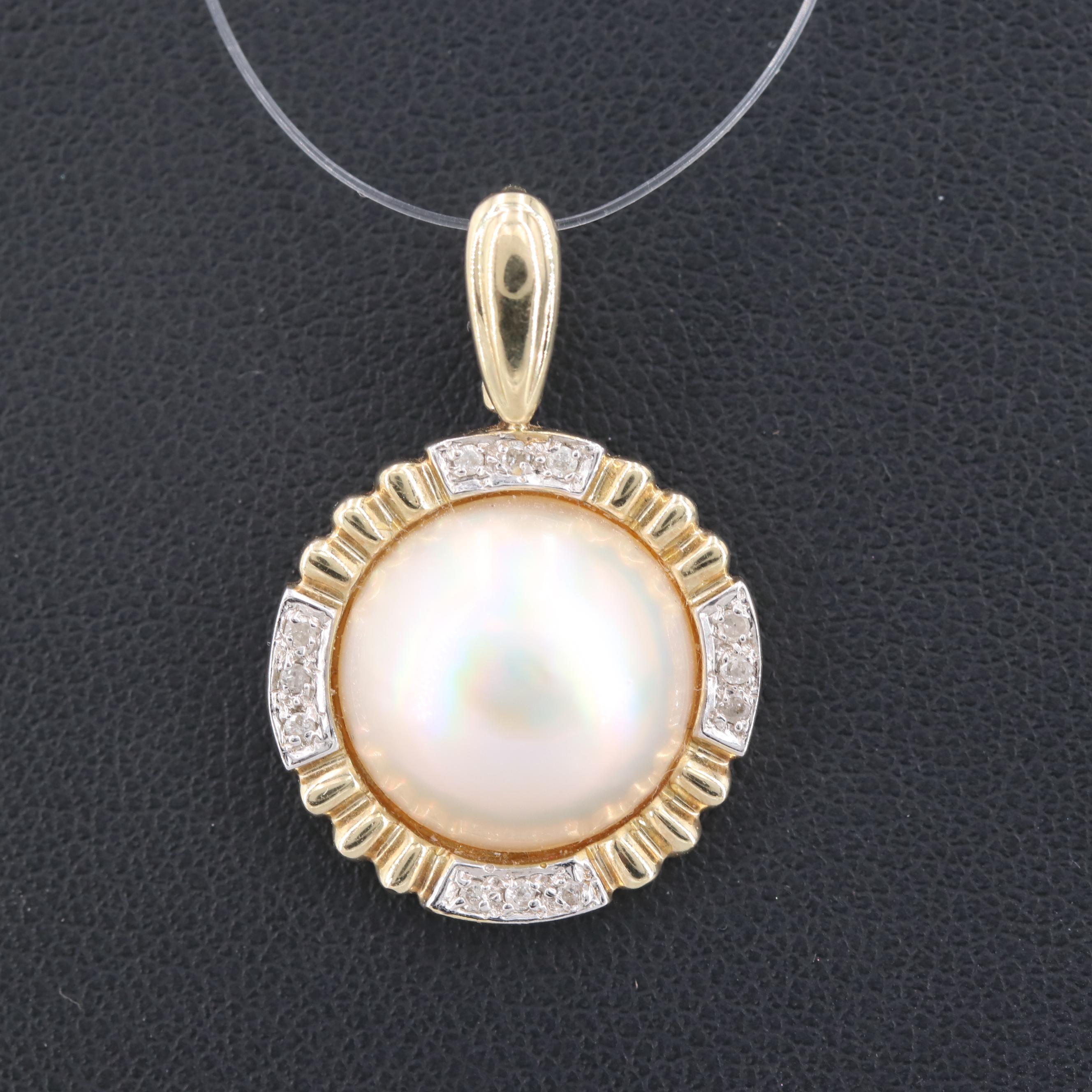 14K Yellow Gold Cultured Mabé Pearl and Diamond Pendant