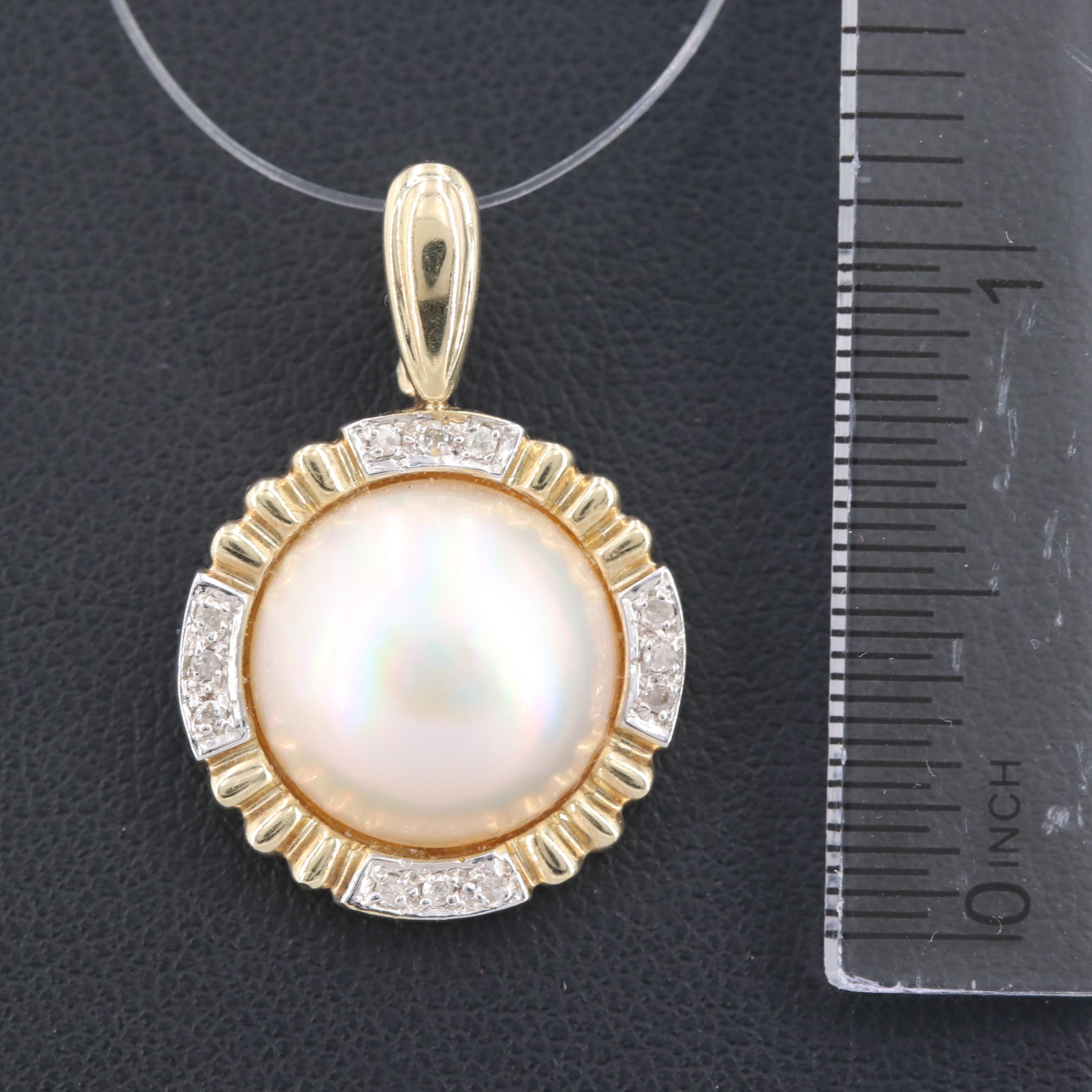 14K Yellow Gold Cultured Mabé Pearl and Diamond Pendant