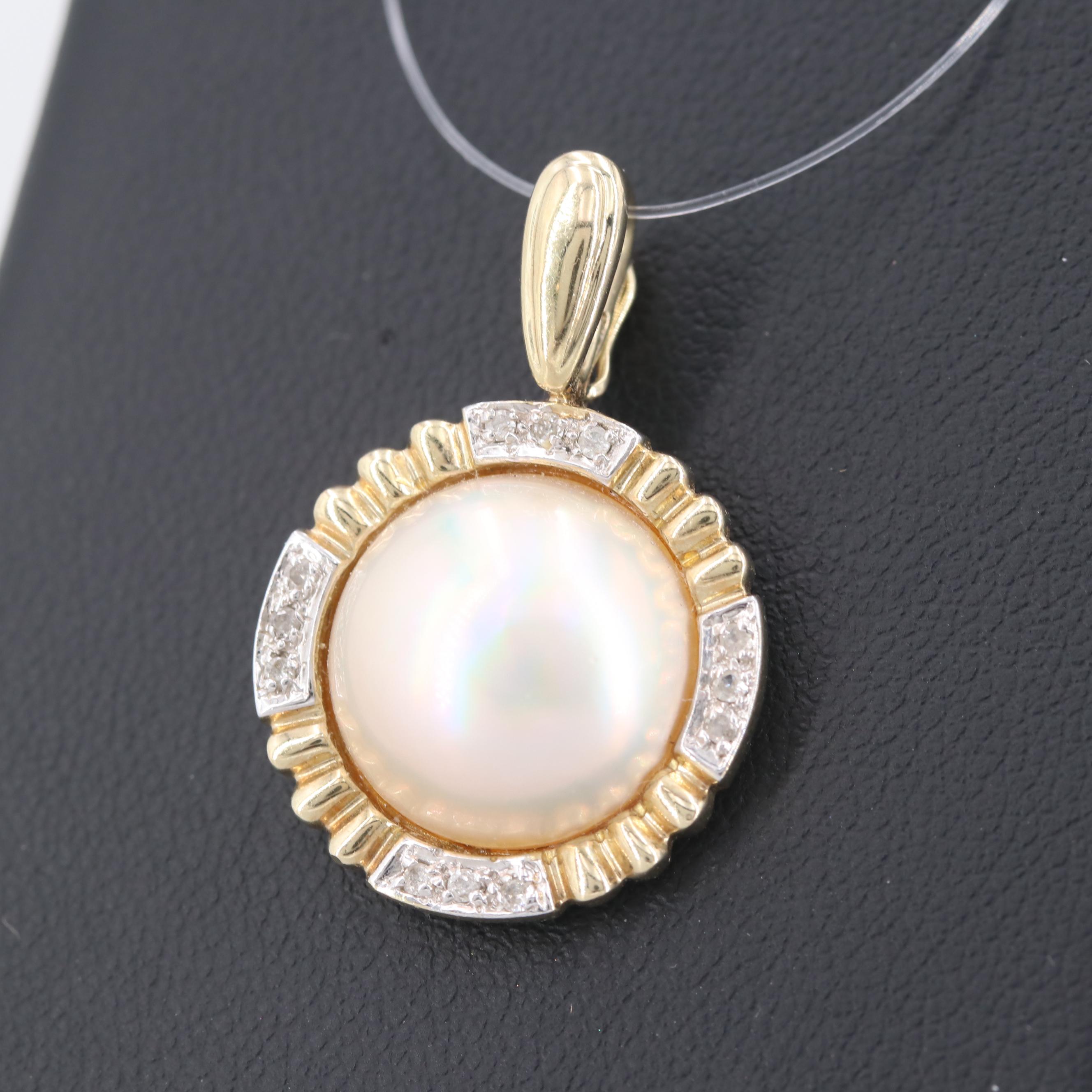 14K Yellow Gold Cultured Mabé Pearl and Diamond Pendant