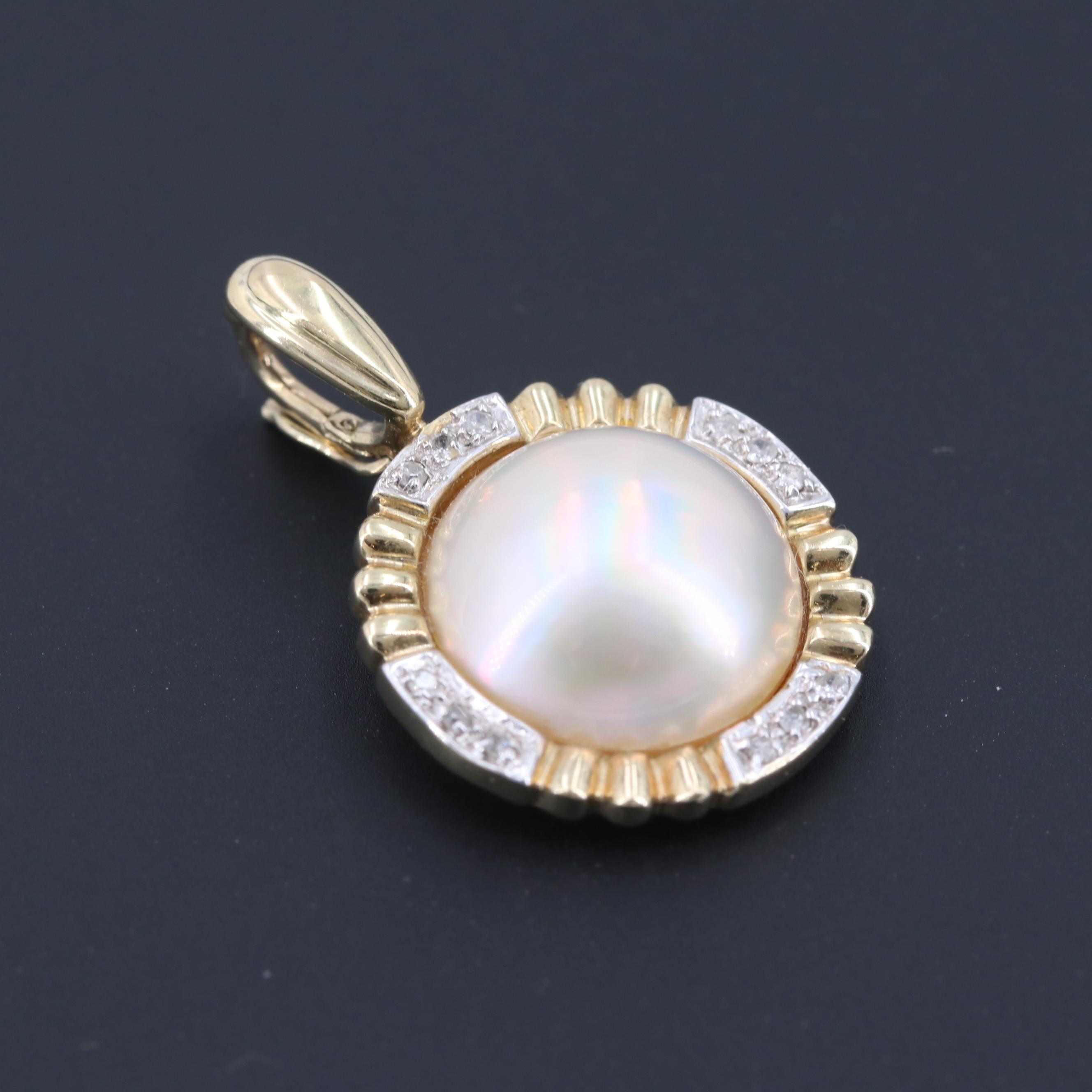 14K Yellow Gold Cultured Mabé Pearl and Diamond Pendant