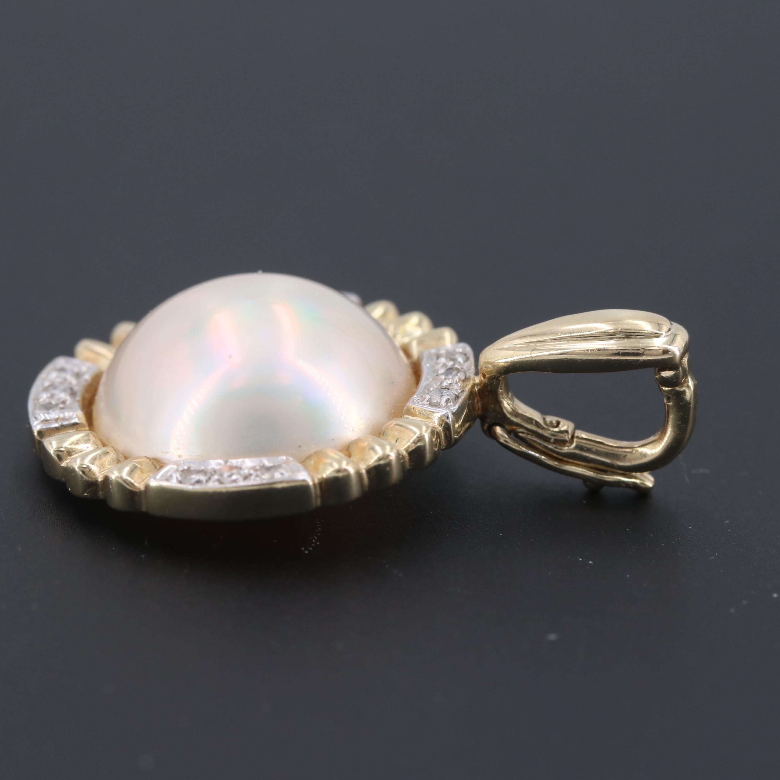 14K Yellow Gold Cultured Mabé Pearl and Diamond Pendant