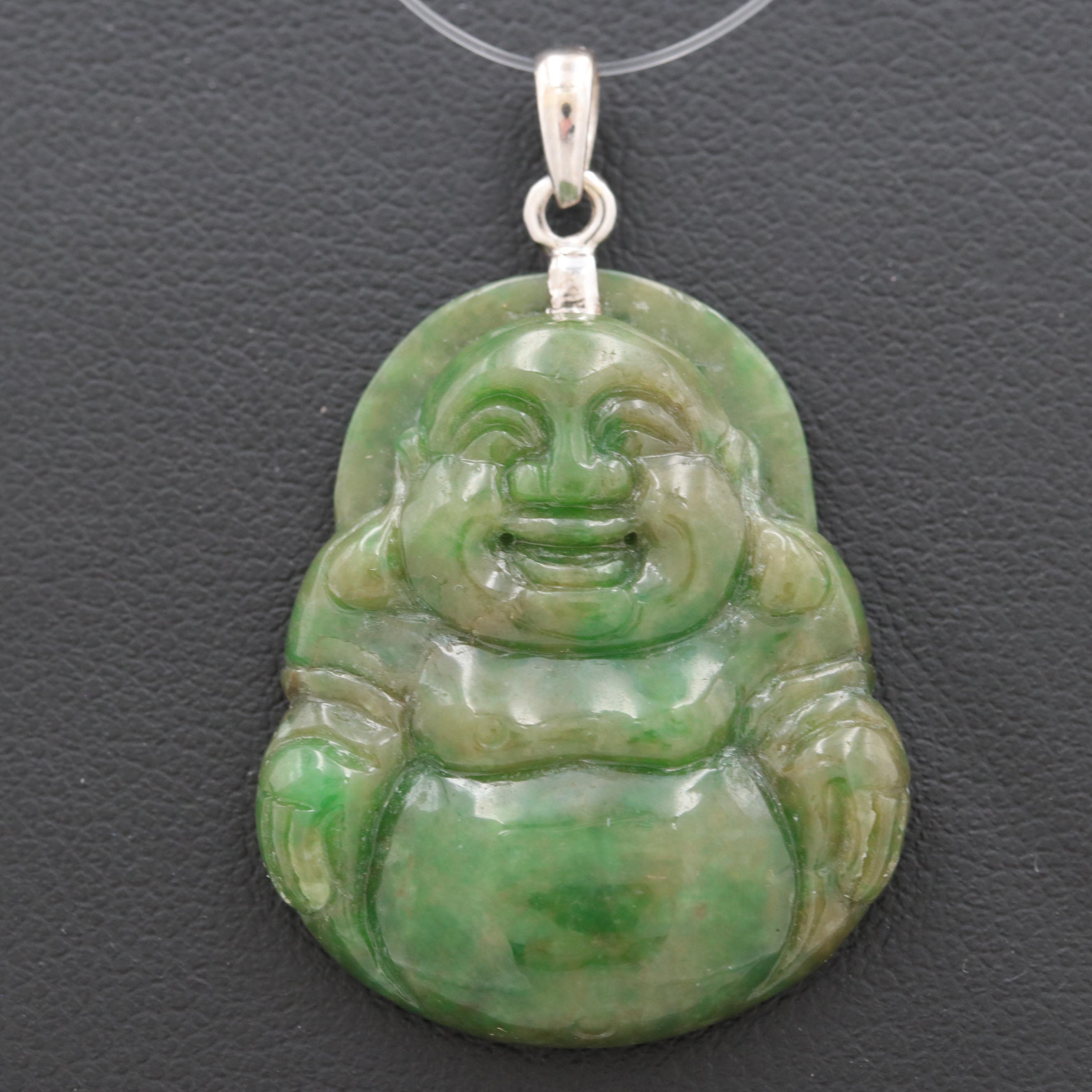 Chinese 18K White Gold Jadeite Budai Pendant