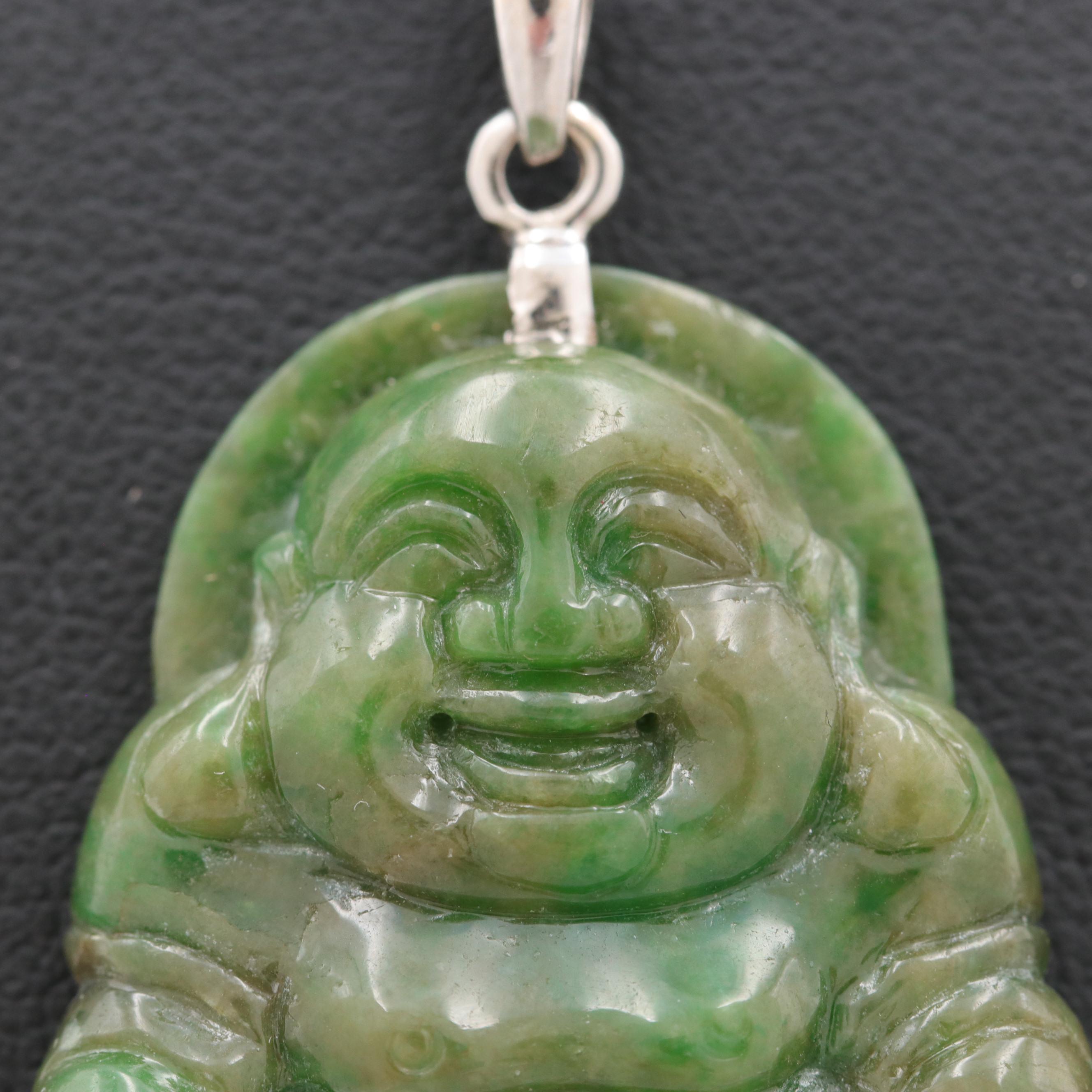 Chinese 18K White Gold Jadeite Budai Pendant