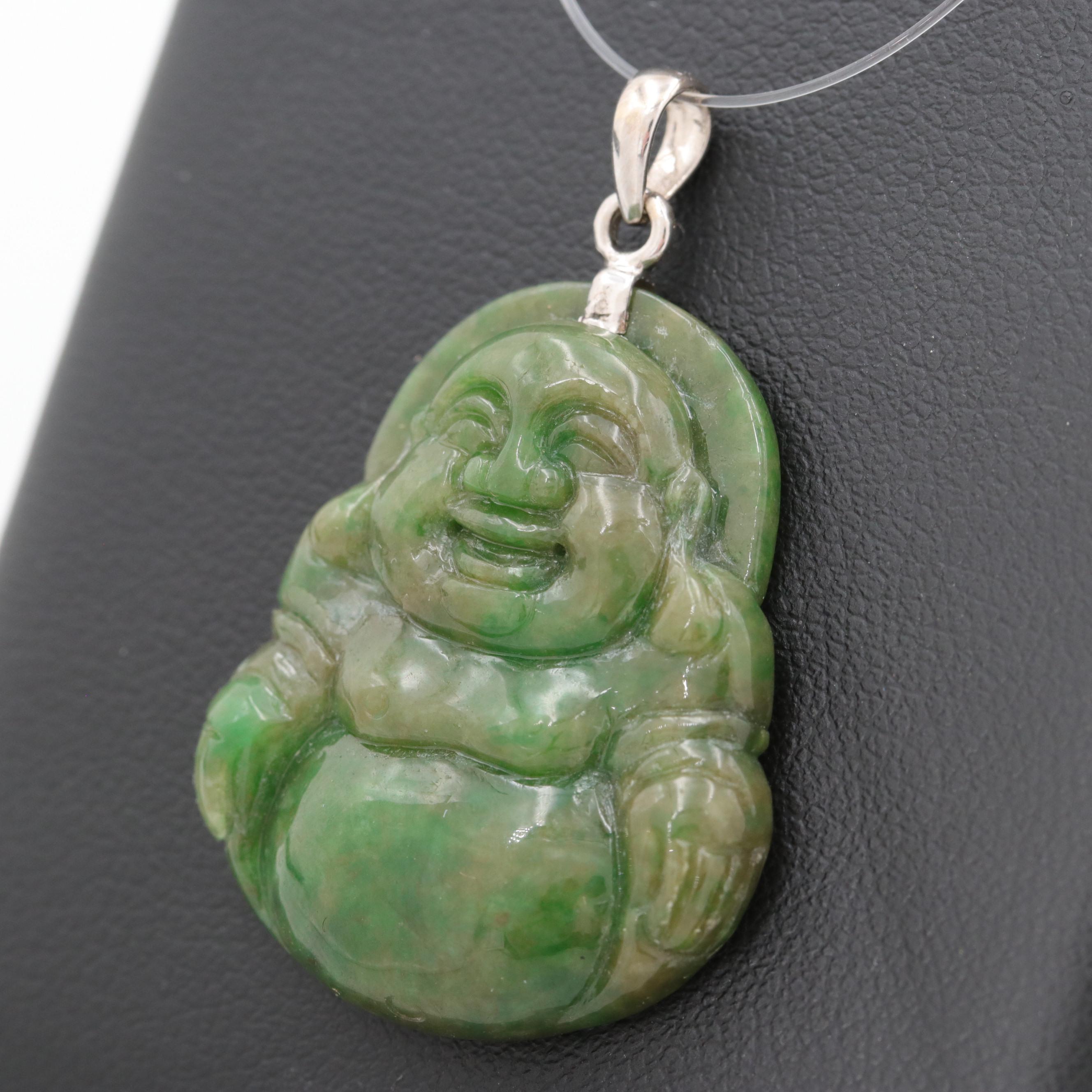 Chinese 18K White Gold Jadeite Budai Pendant