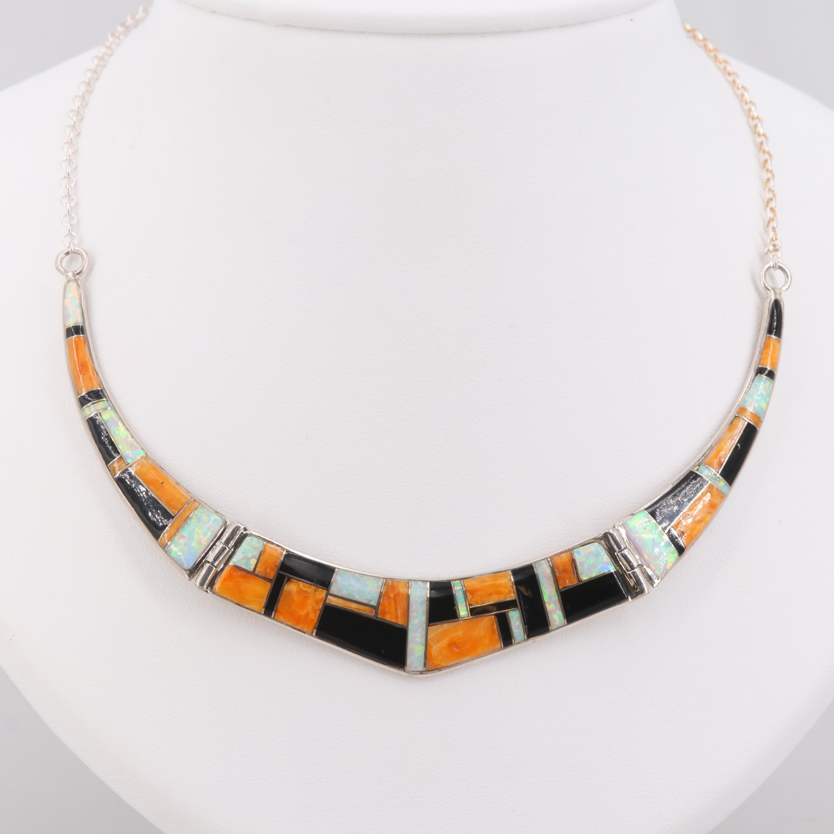 Sterling Silver Spiny Oyster, Synthetic Opal, and Imitation Onyx Necklace