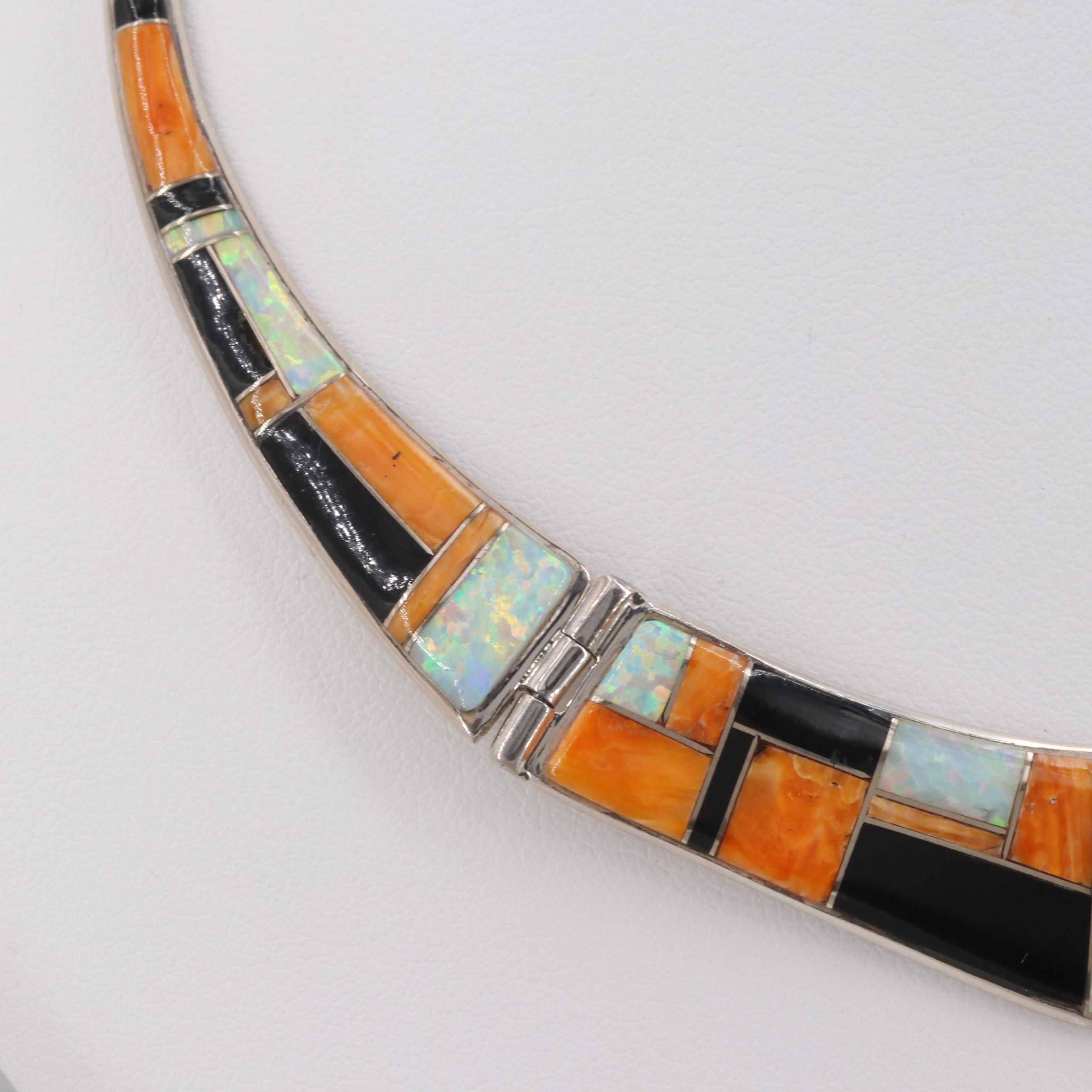 Sterling Silver Spiny Oyster, Synthetic Opal, and Imitation Onyx Necklace