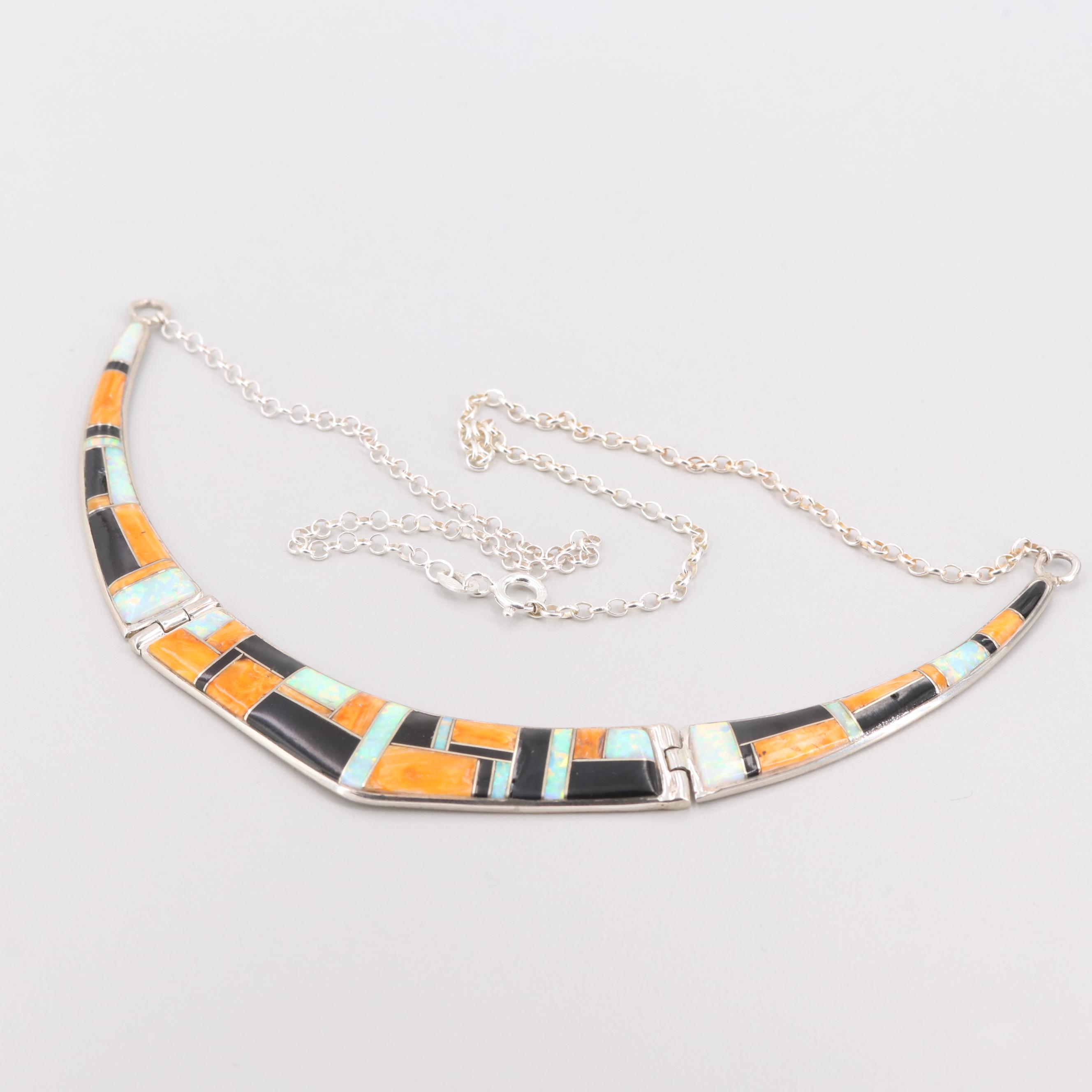 Sterling Silver Spiny Oyster, Synthetic Opal, and Imitation Onyx Necklace