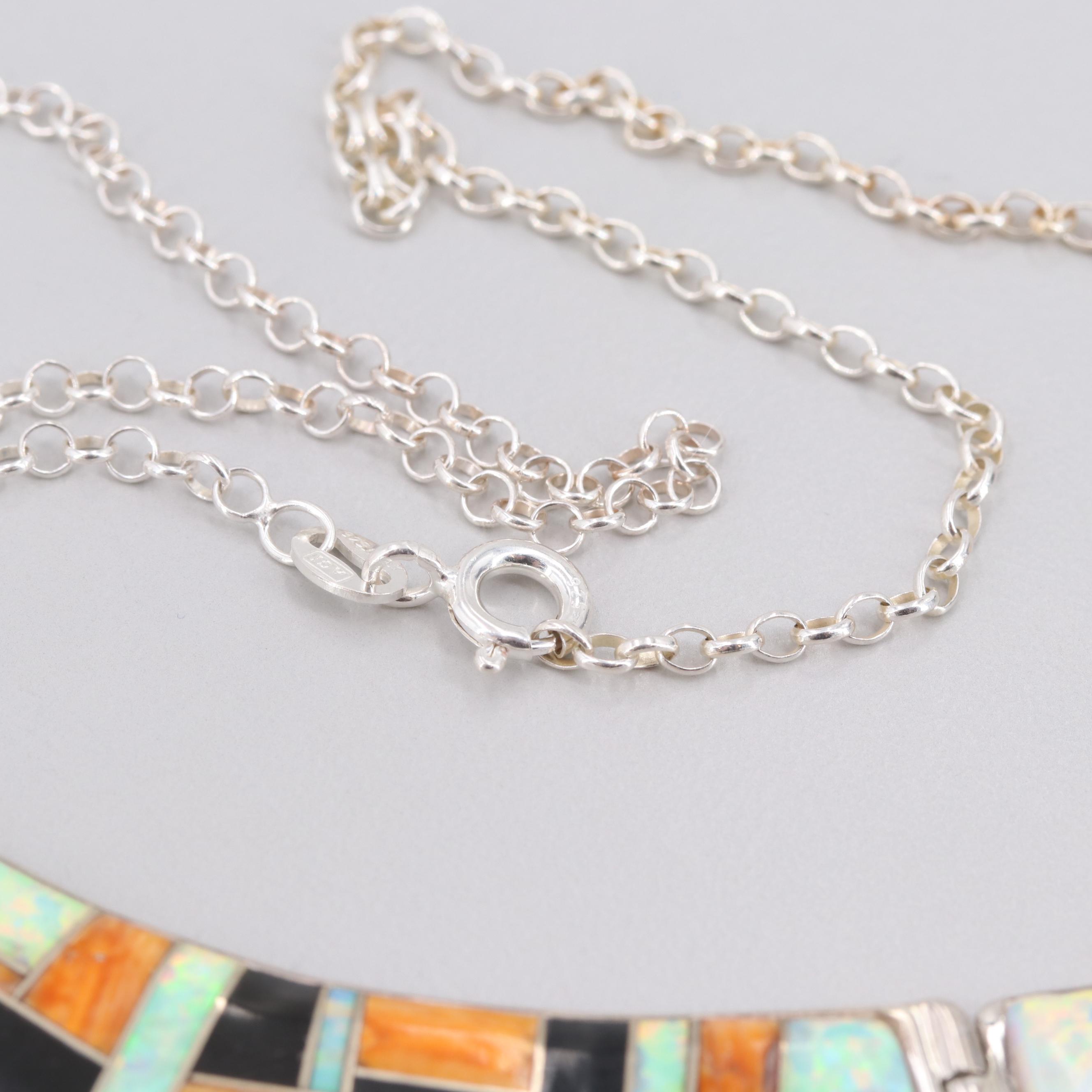 Sterling Silver Spiny Oyster, Synthetic Opal, and Imitation Onyx Necklace