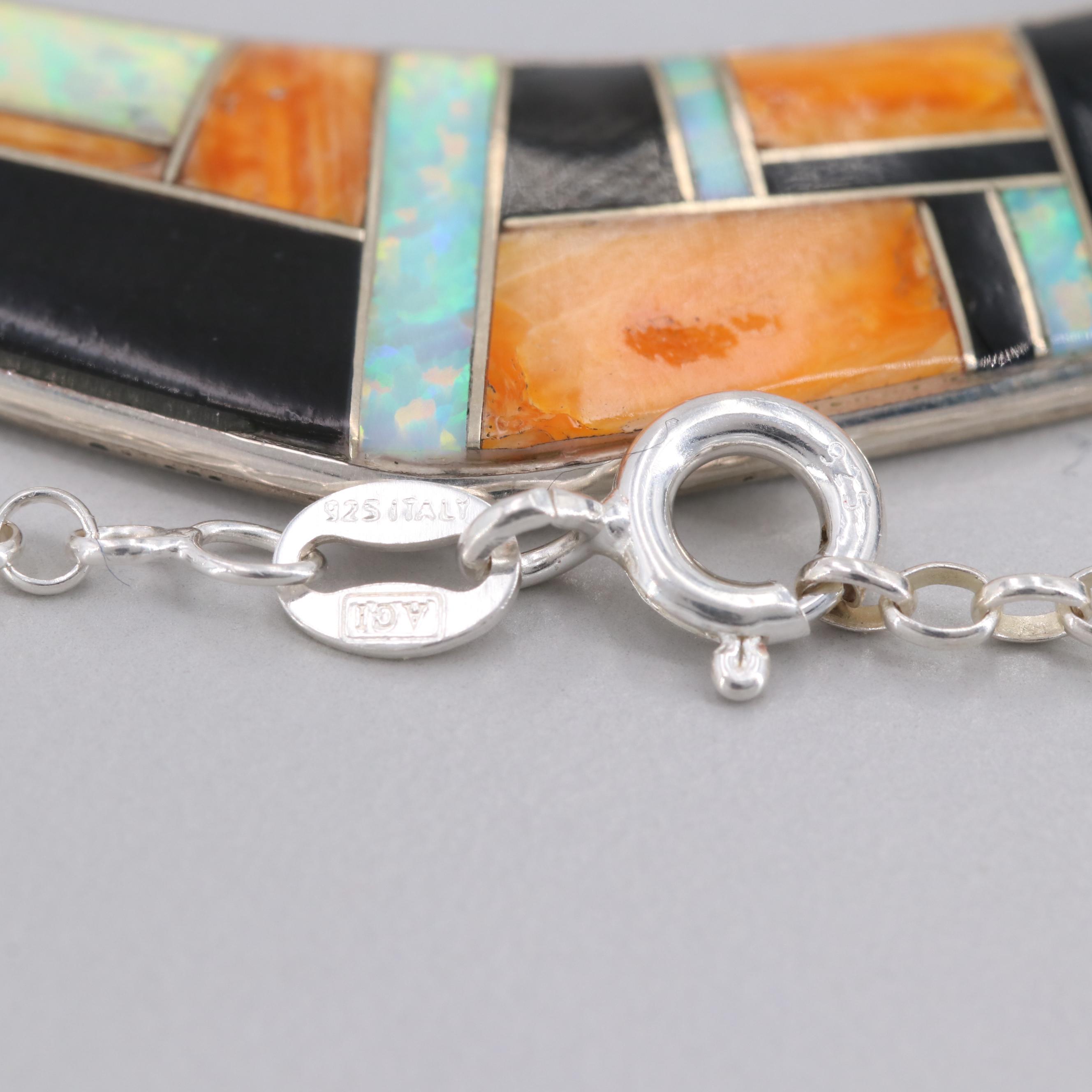 Sterling Silver Spiny Oyster, Synthetic Opal, and Imitation Onyx Necklace