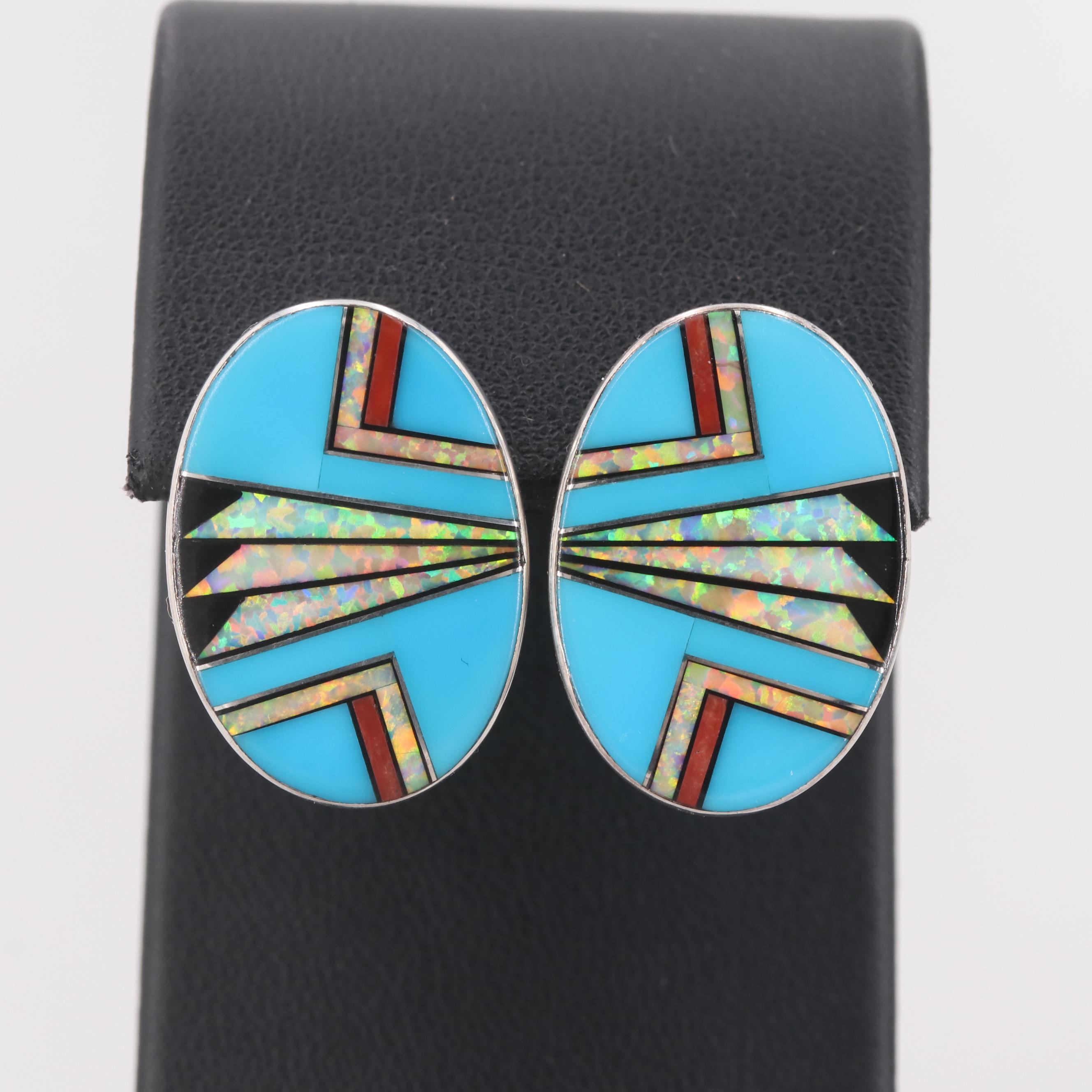 Southwestern Style Sterling Silver Gemstone Earrings Including Coral and Onyx