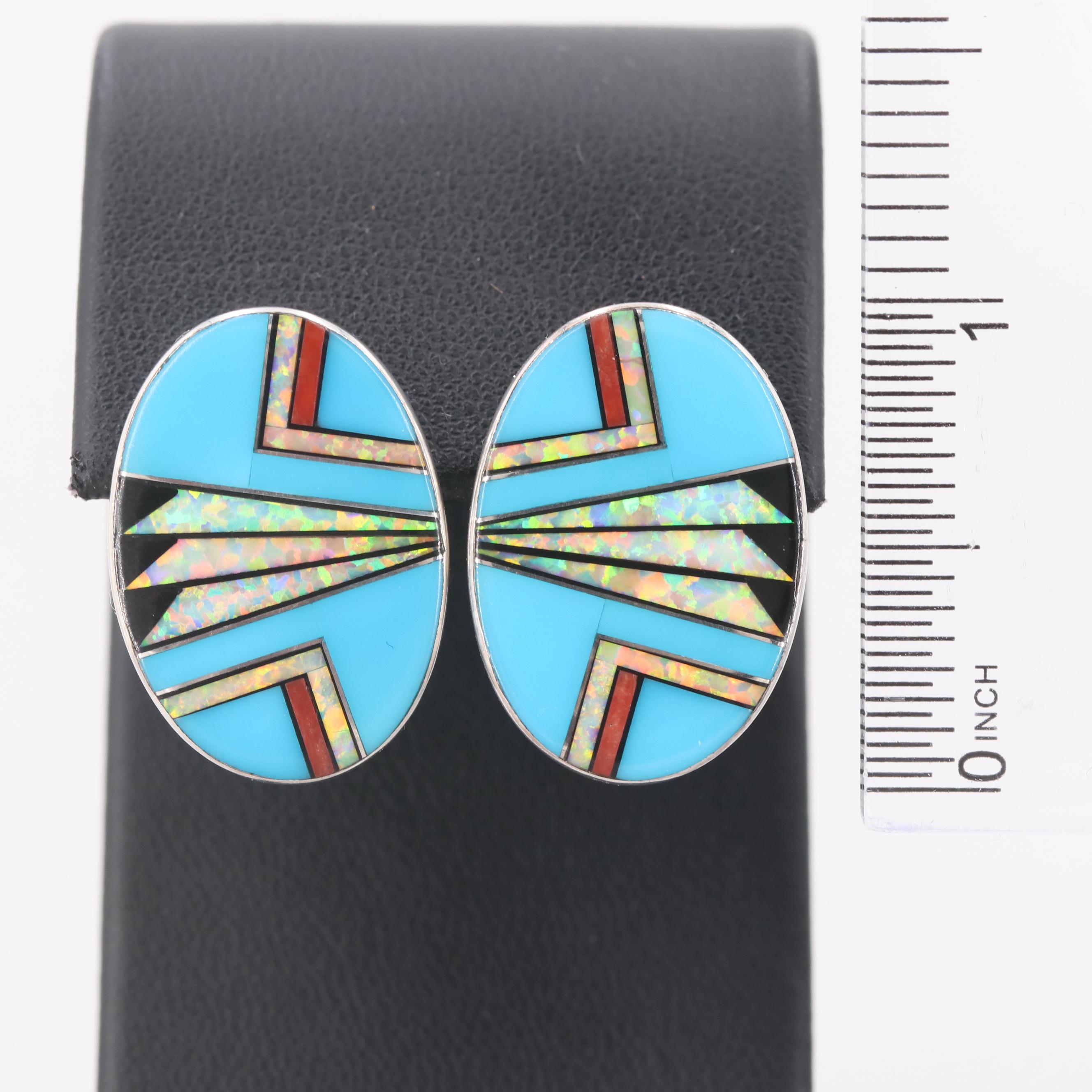 Southwestern Style Sterling Silver Gemstone Earrings Including Coral and Onyx
