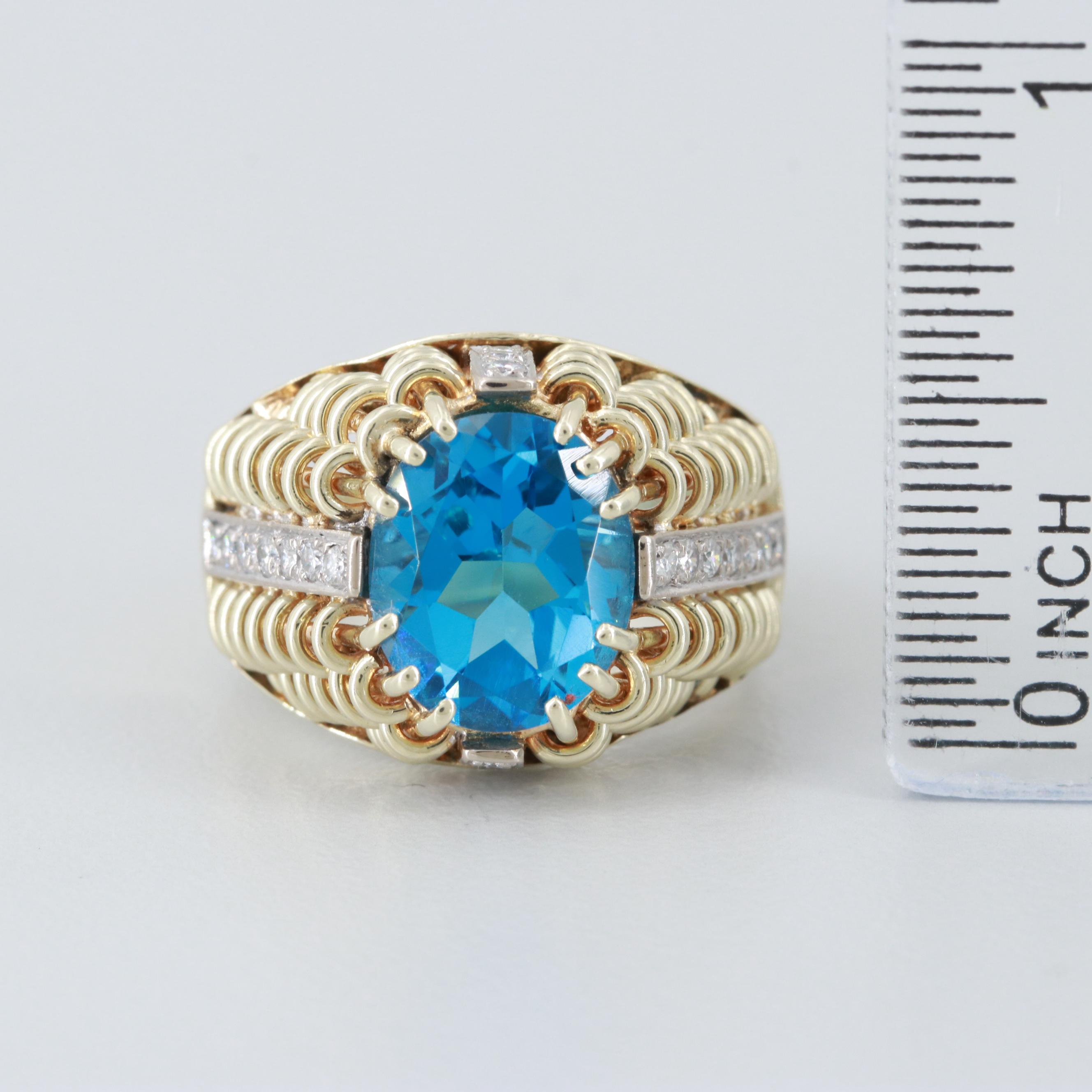 14K Yellow Gold Blue Topaz and Diamond Ring