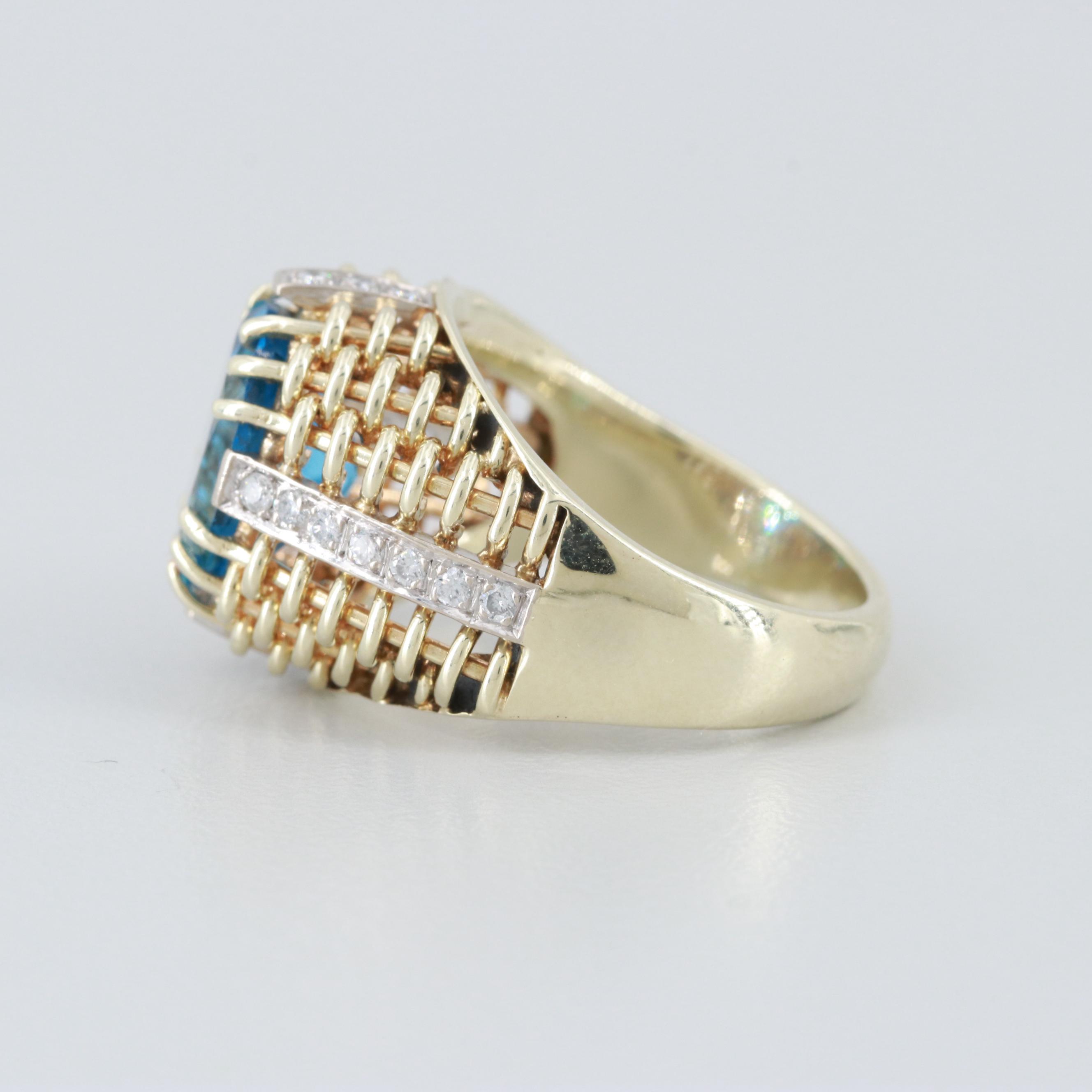 14K Yellow Gold Blue Topaz and Diamond Ring
