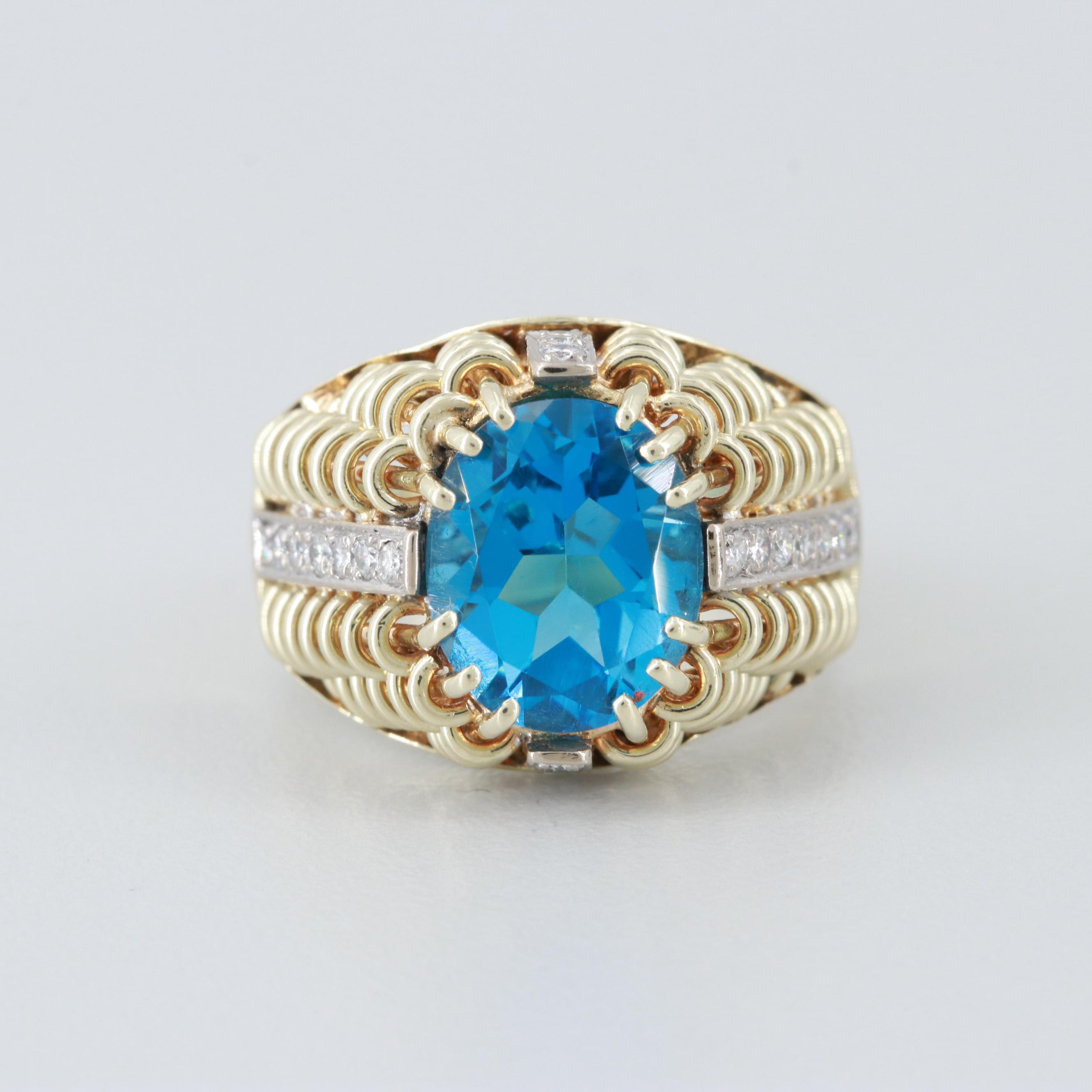 14K Yellow Gold Blue Topaz and Diamond Ring
