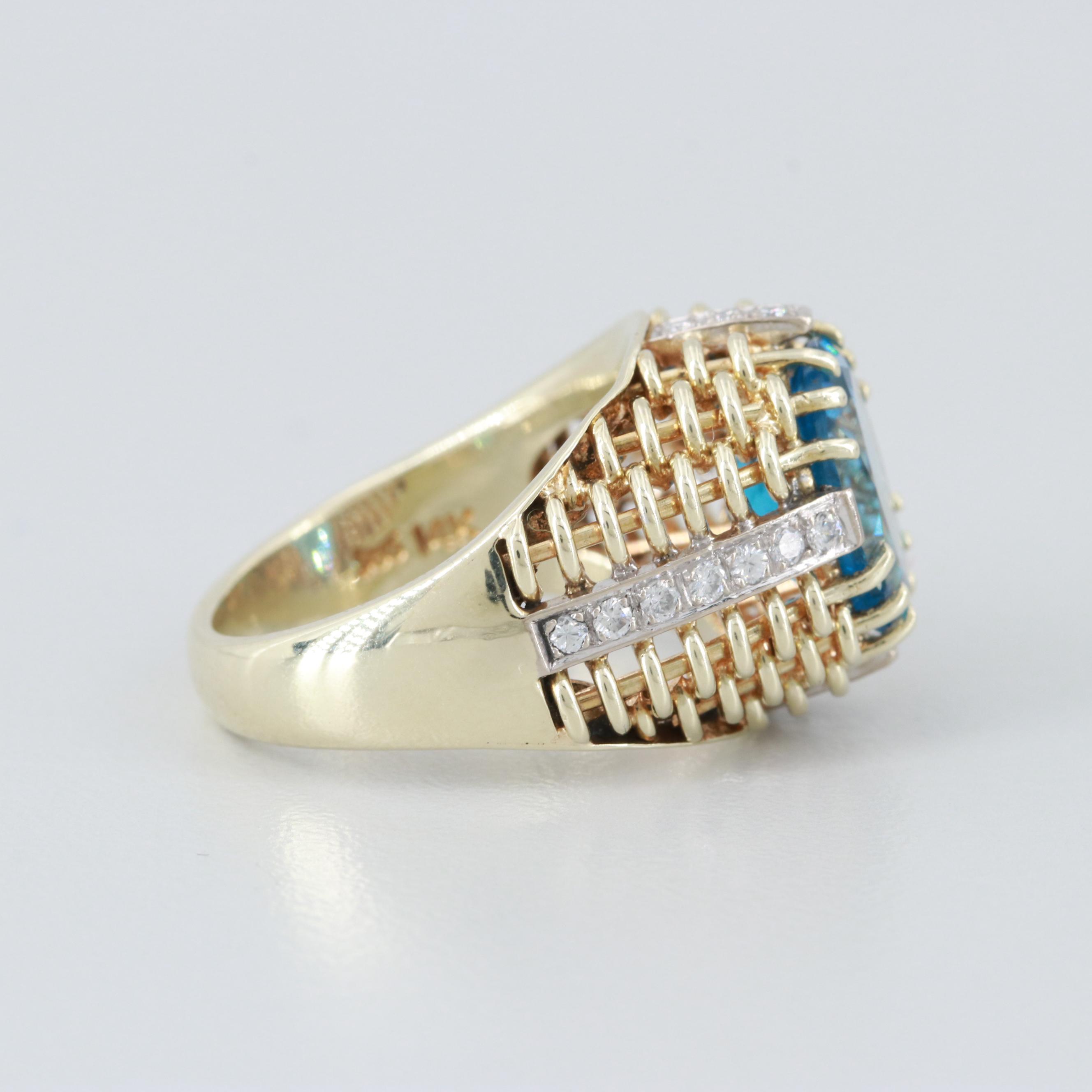 14K Yellow Gold Blue Topaz and Diamond Ring