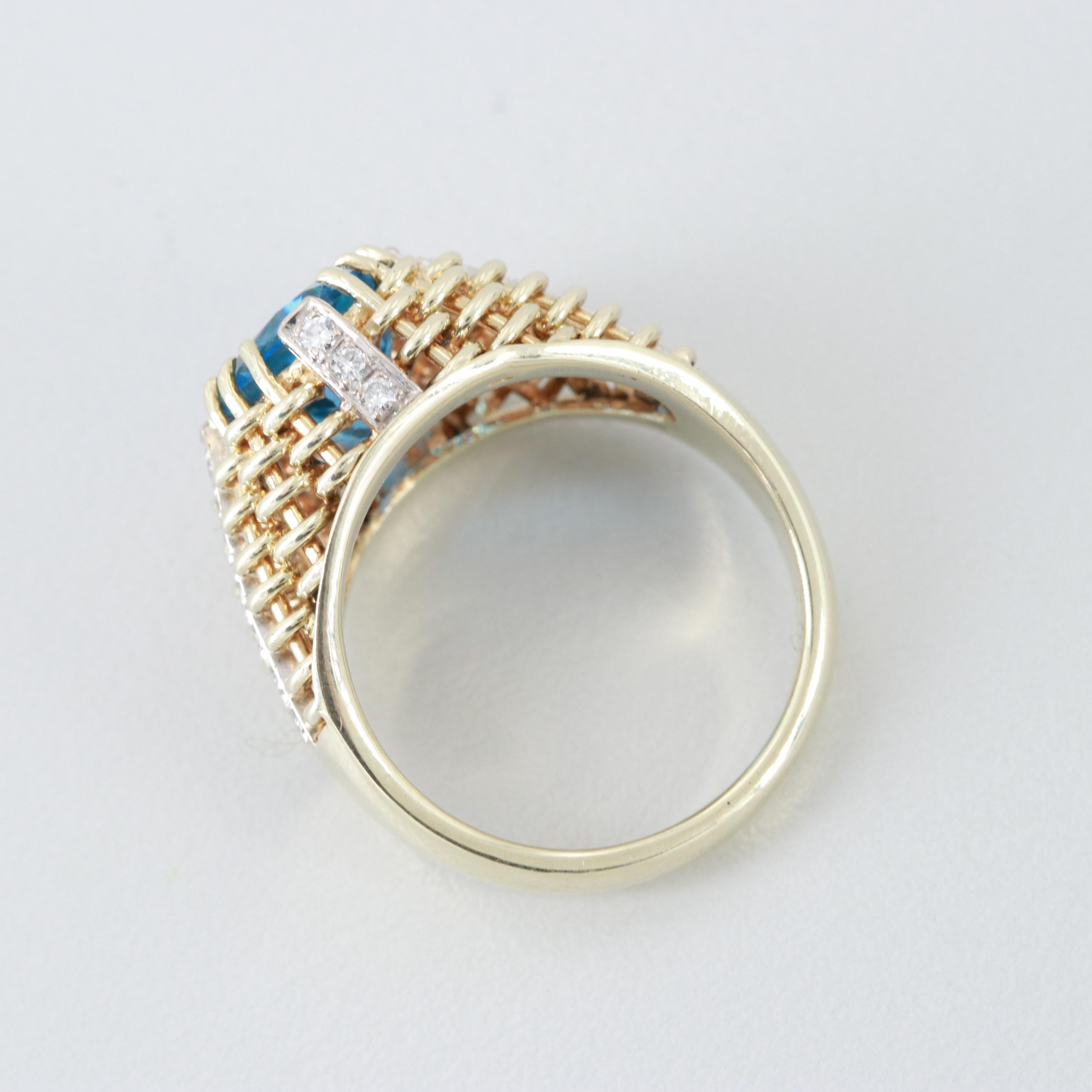 14K Yellow Gold Blue Topaz and Diamond Ring