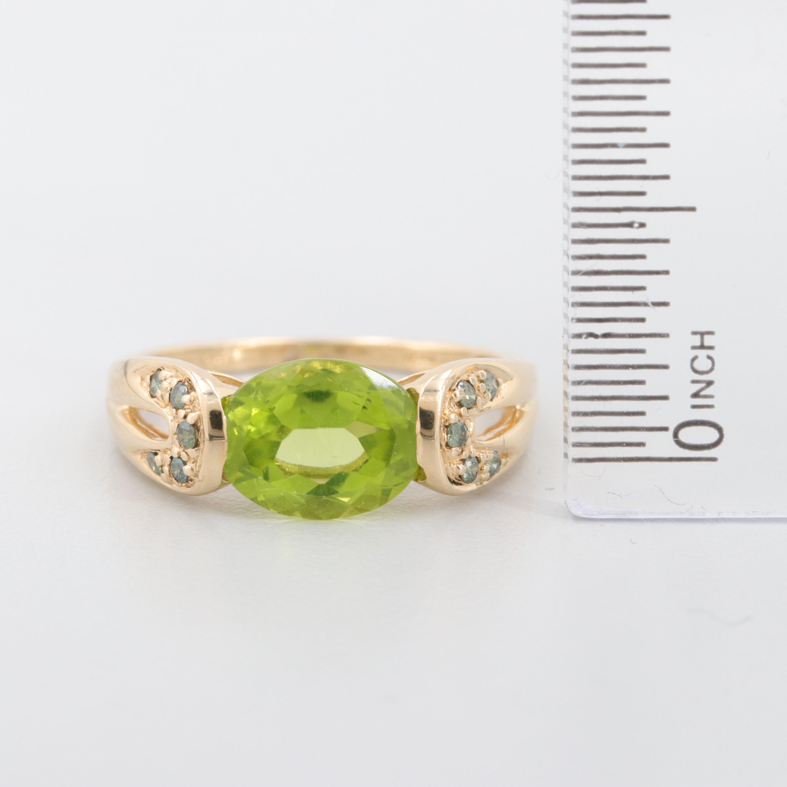 14K Yellow Gold Peridot and Green Diamond Ring