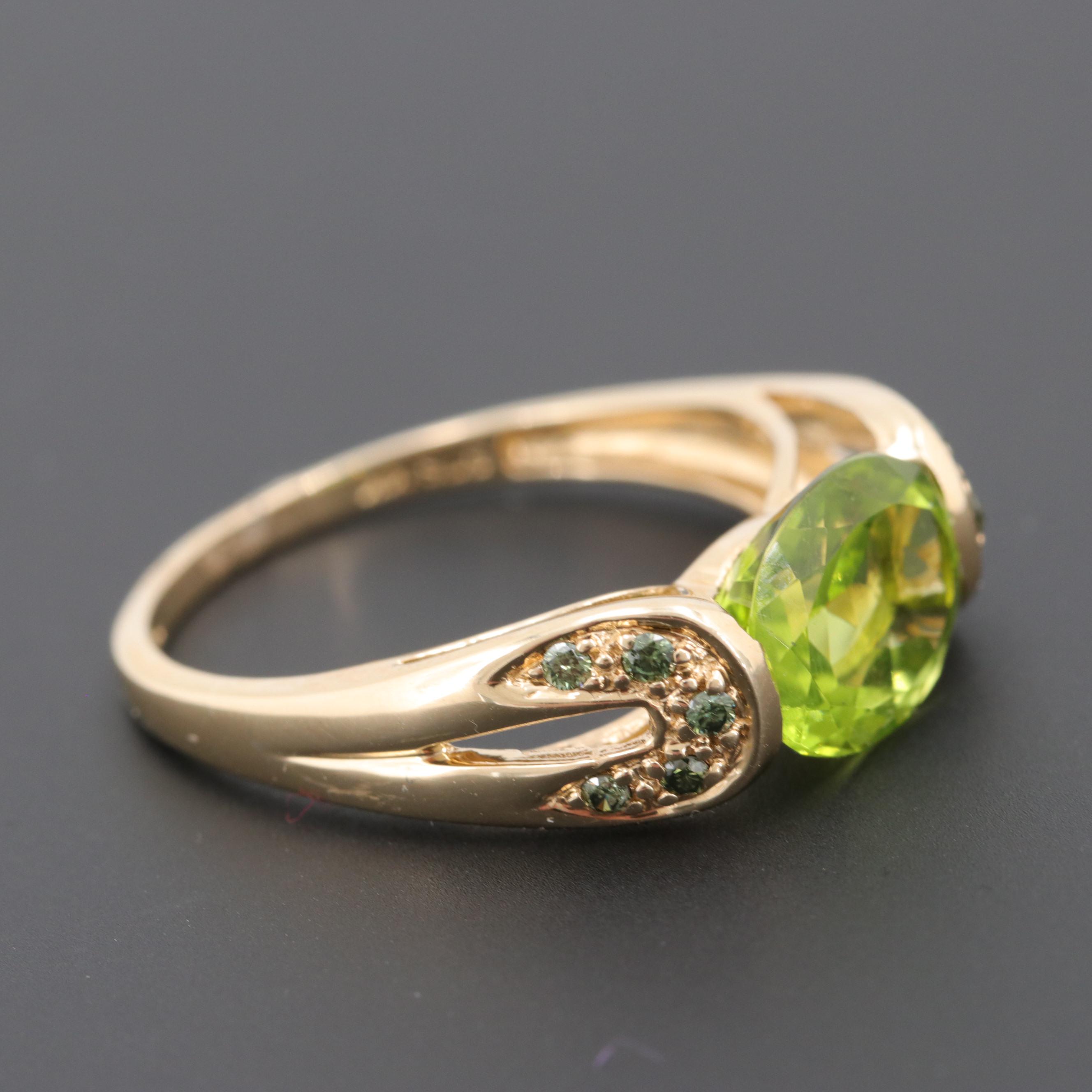 14K Yellow Gold Peridot and Green Diamond Ring