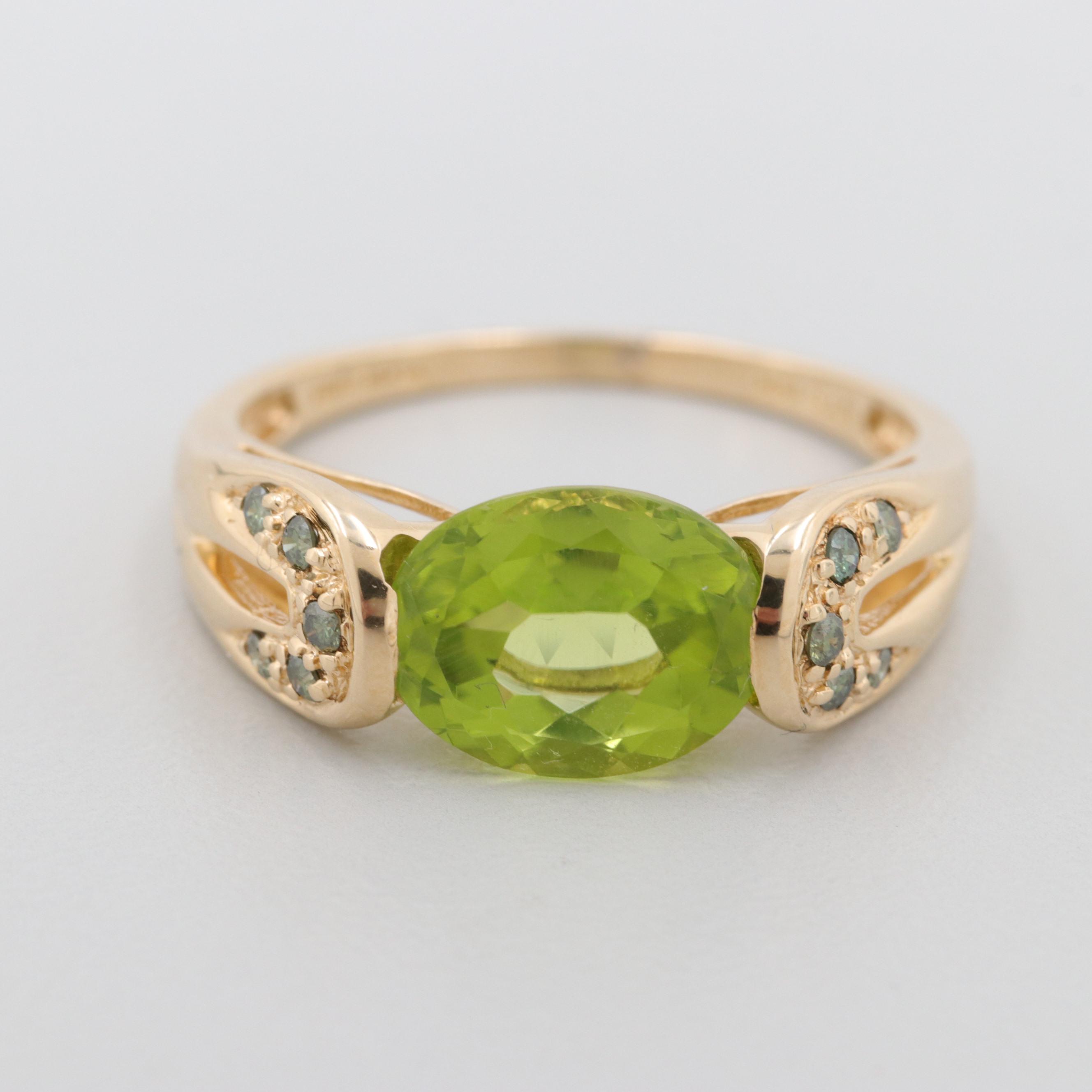 14K Yellow Gold Peridot and Green Diamond Ring