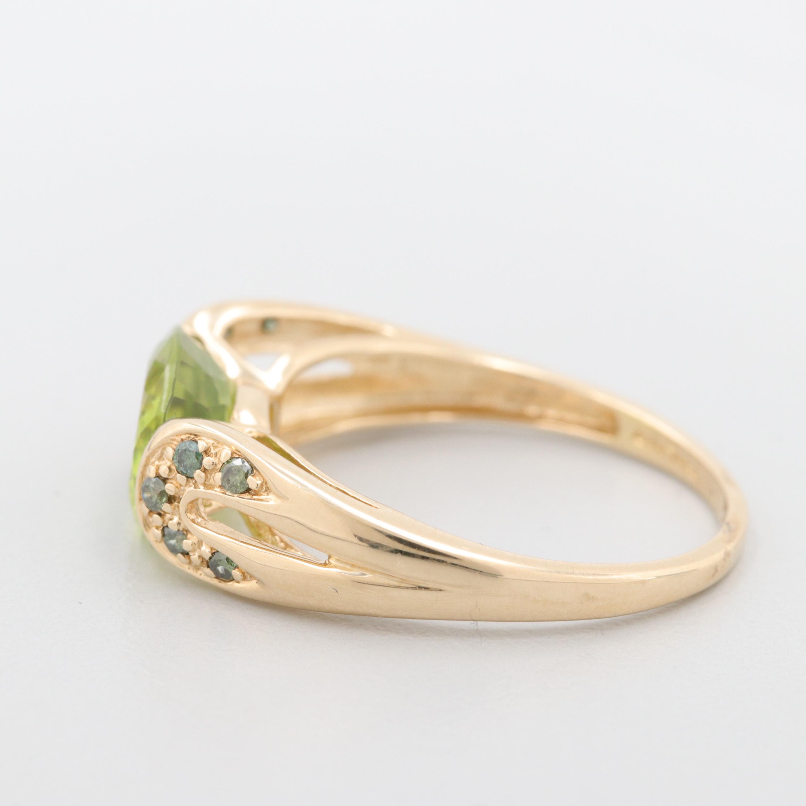 14K Yellow Gold Peridot and Green Diamond Ring