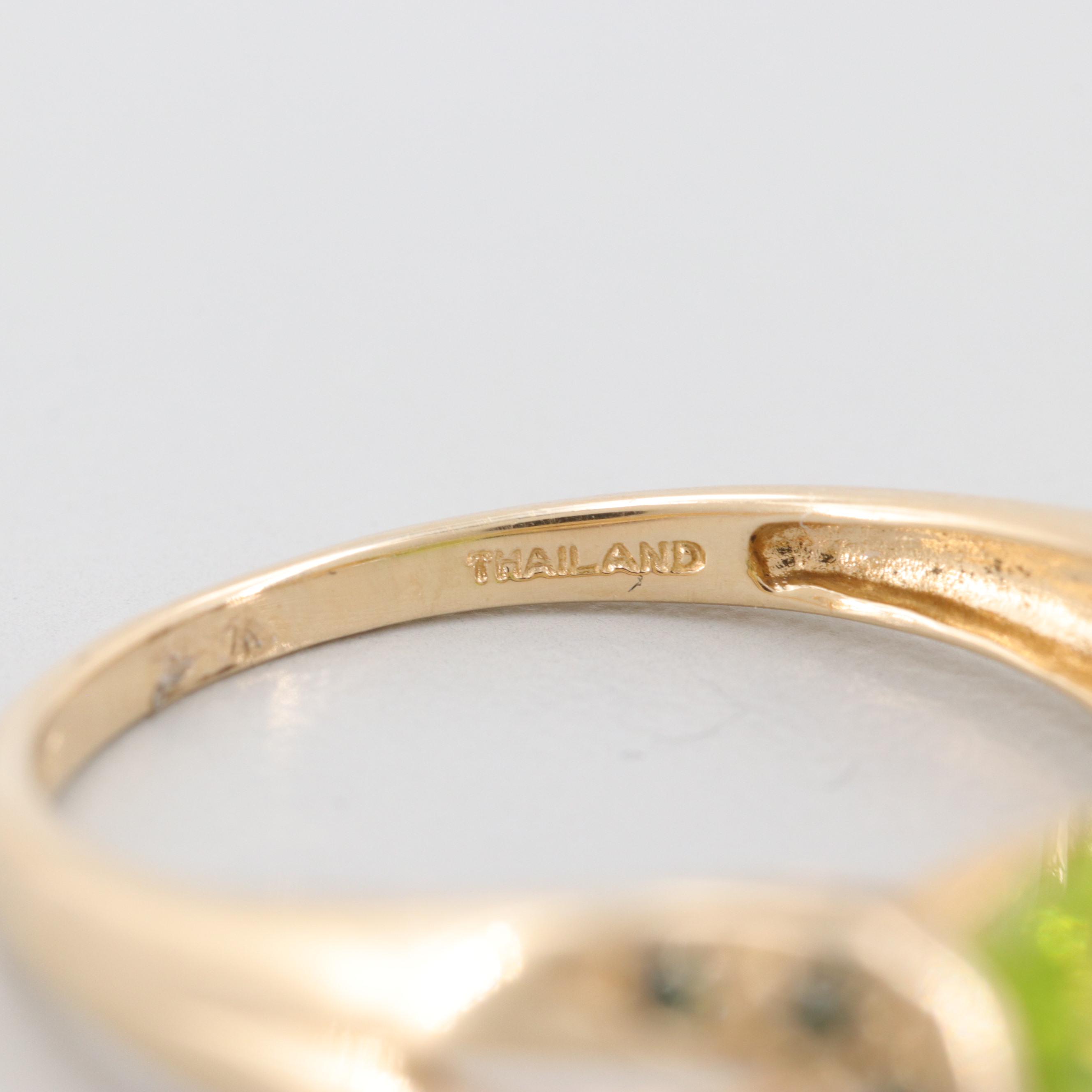 14K Yellow Gold Peridot and Green Diamond Ring