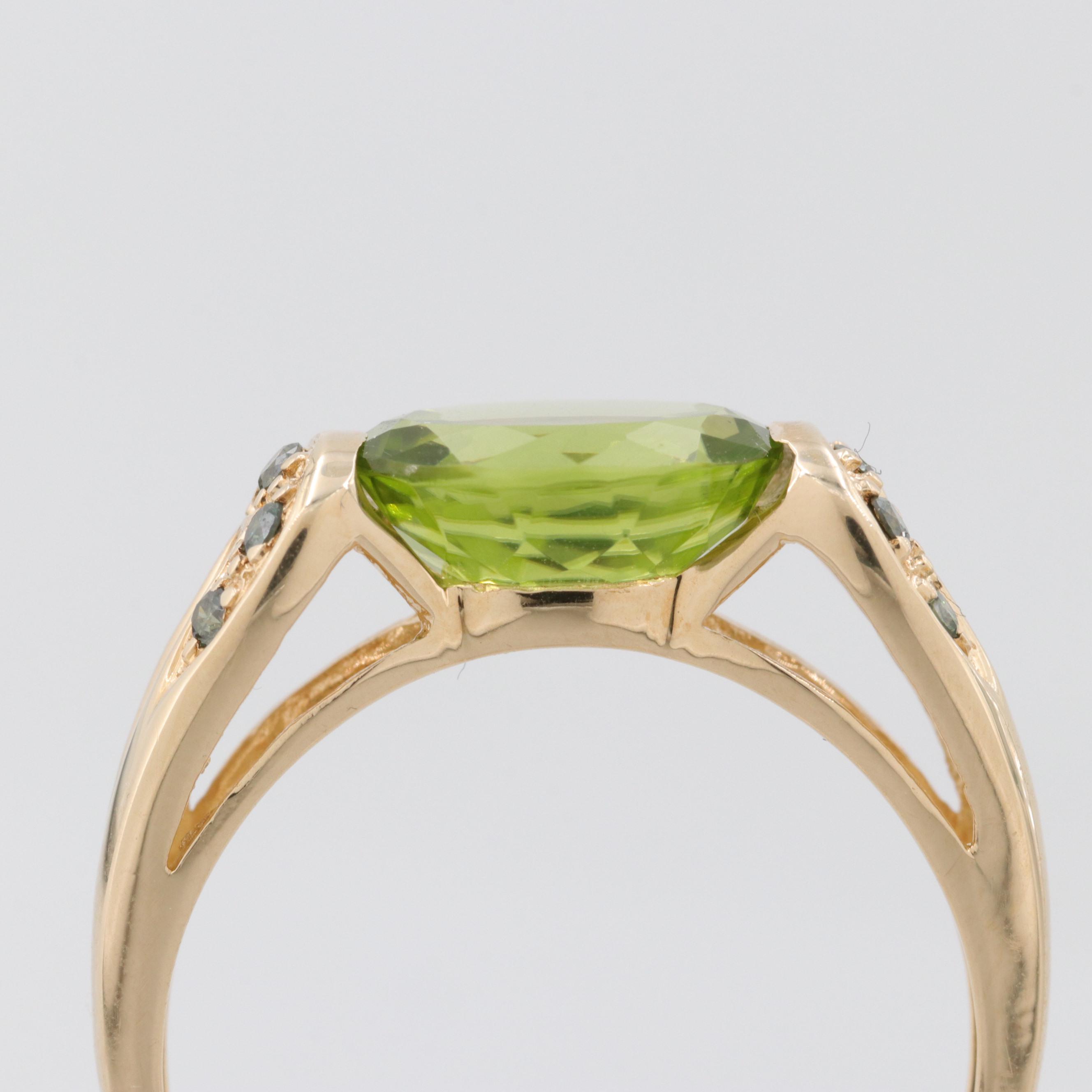 14K Yellow Gold Peridot and Green Diamond Ring