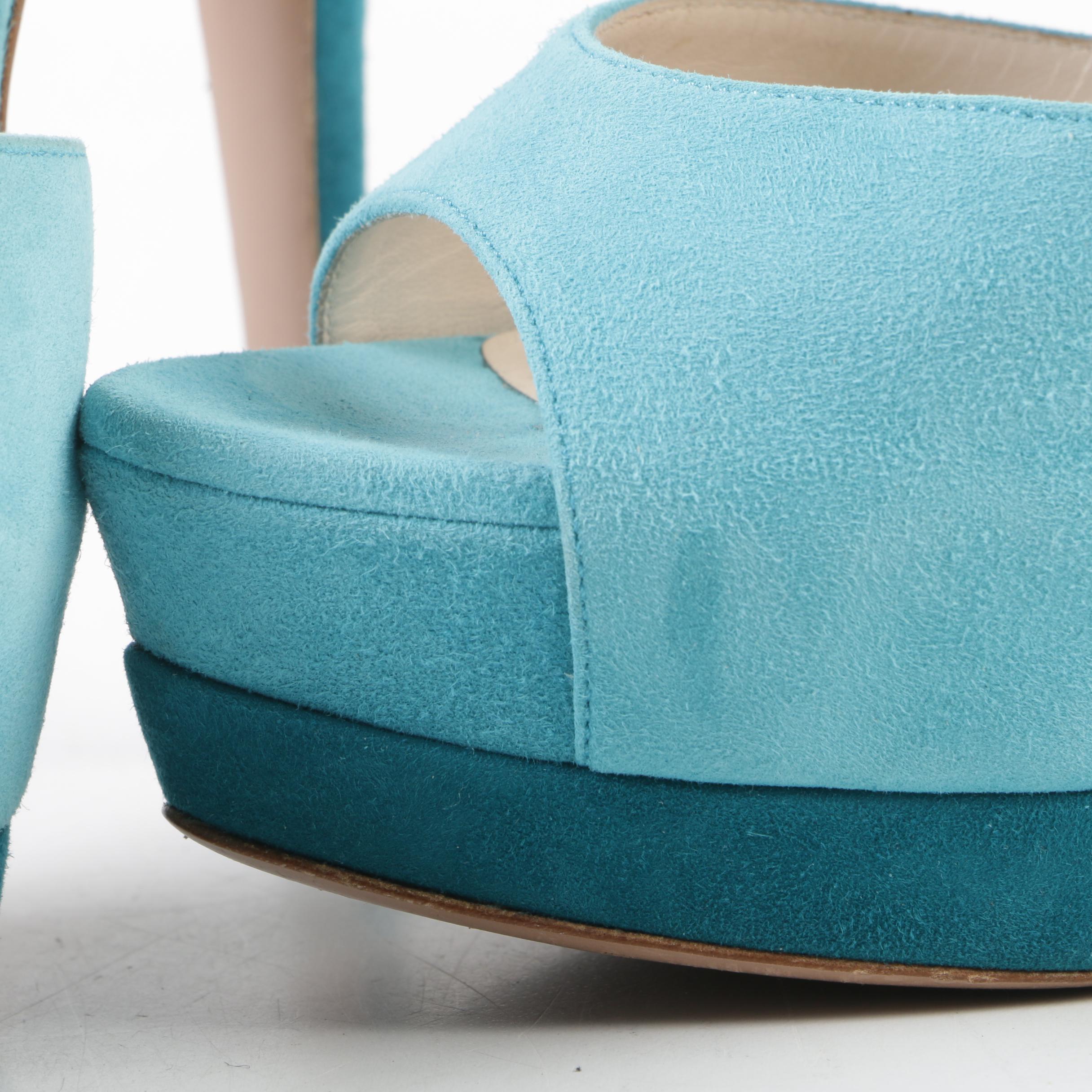 Prada Two-Tone Turquoise Suede Platform Stiletto Sandals with Ankle Straps