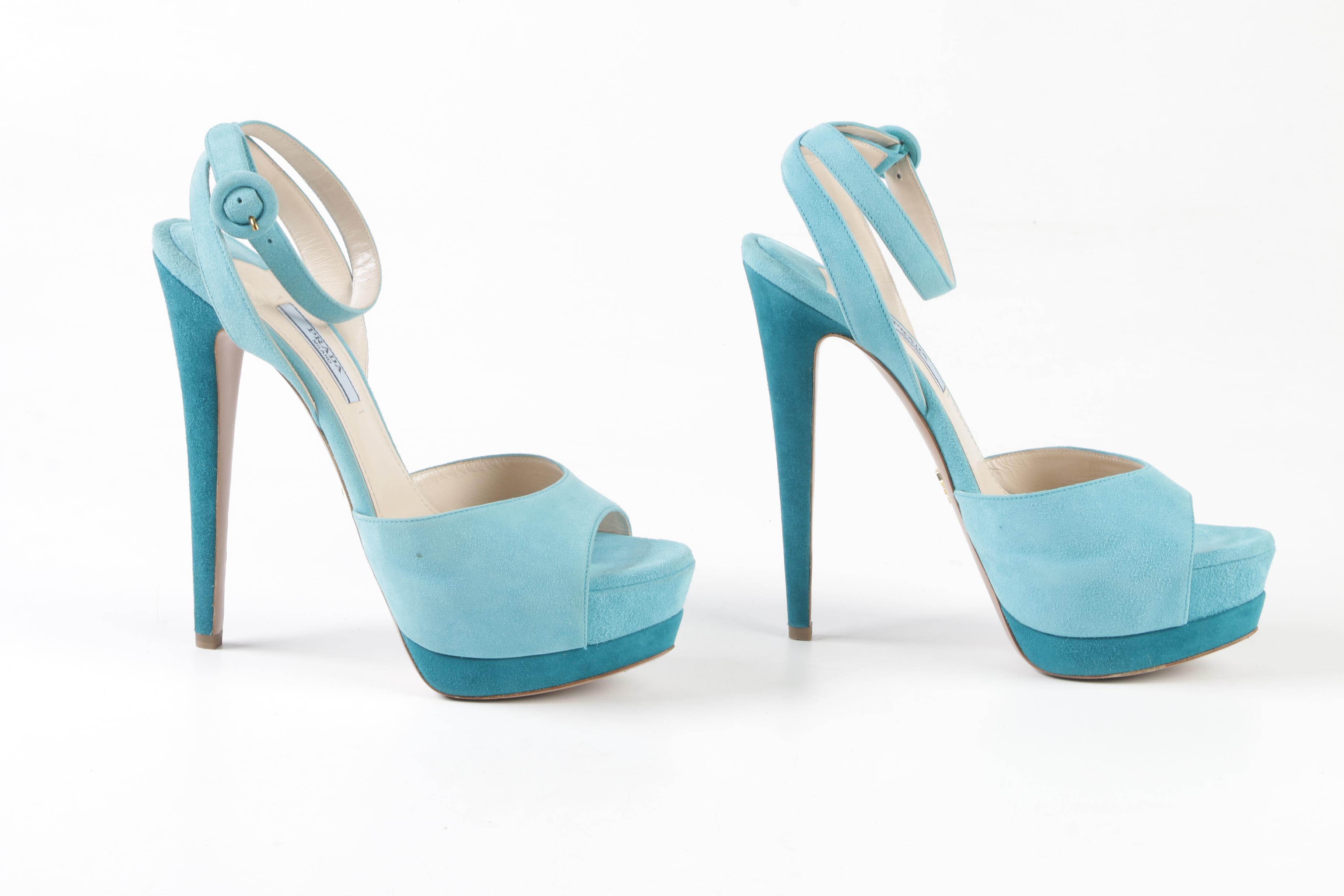 Prada Two-Tone Turquoise Suede Platform Stiletto Sandals with Ankle Straps