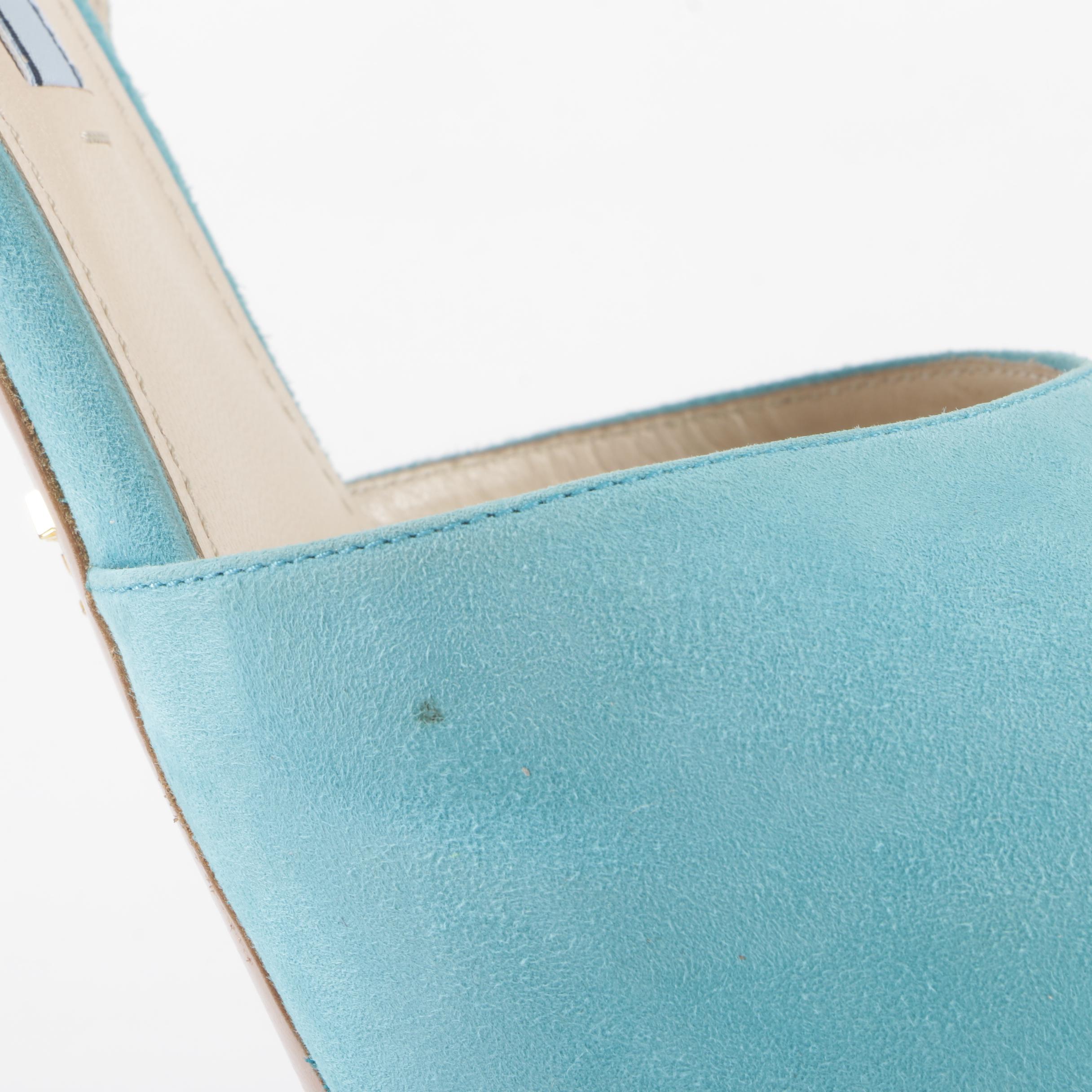 Prada Two-Tone Turquoise Suede Platform Stiletto Sandals with Ankle Straps