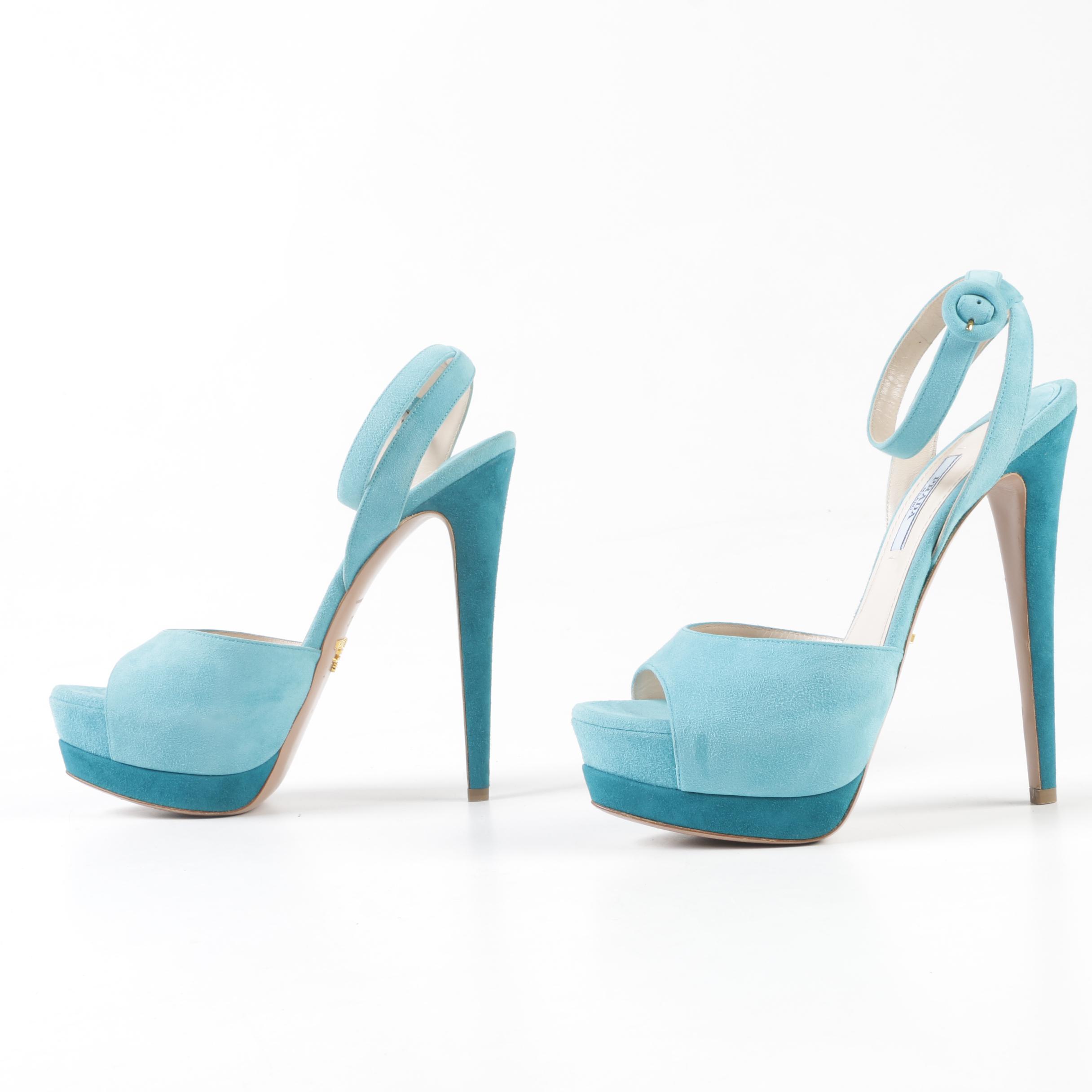 Prada Two-Tone Turquoise Suede Platform Stiletto Sandals with Ankle Straps