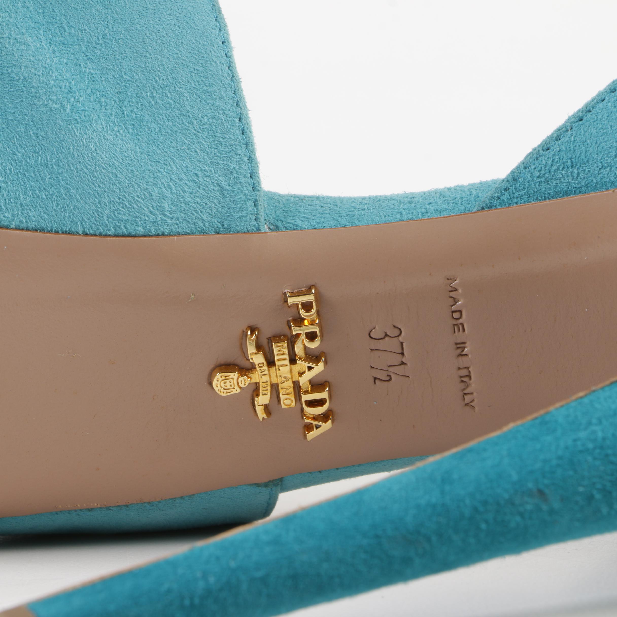 Prada Two-Tone Turquoise Suede Platform Stiletto Sandals with Ankle Straps