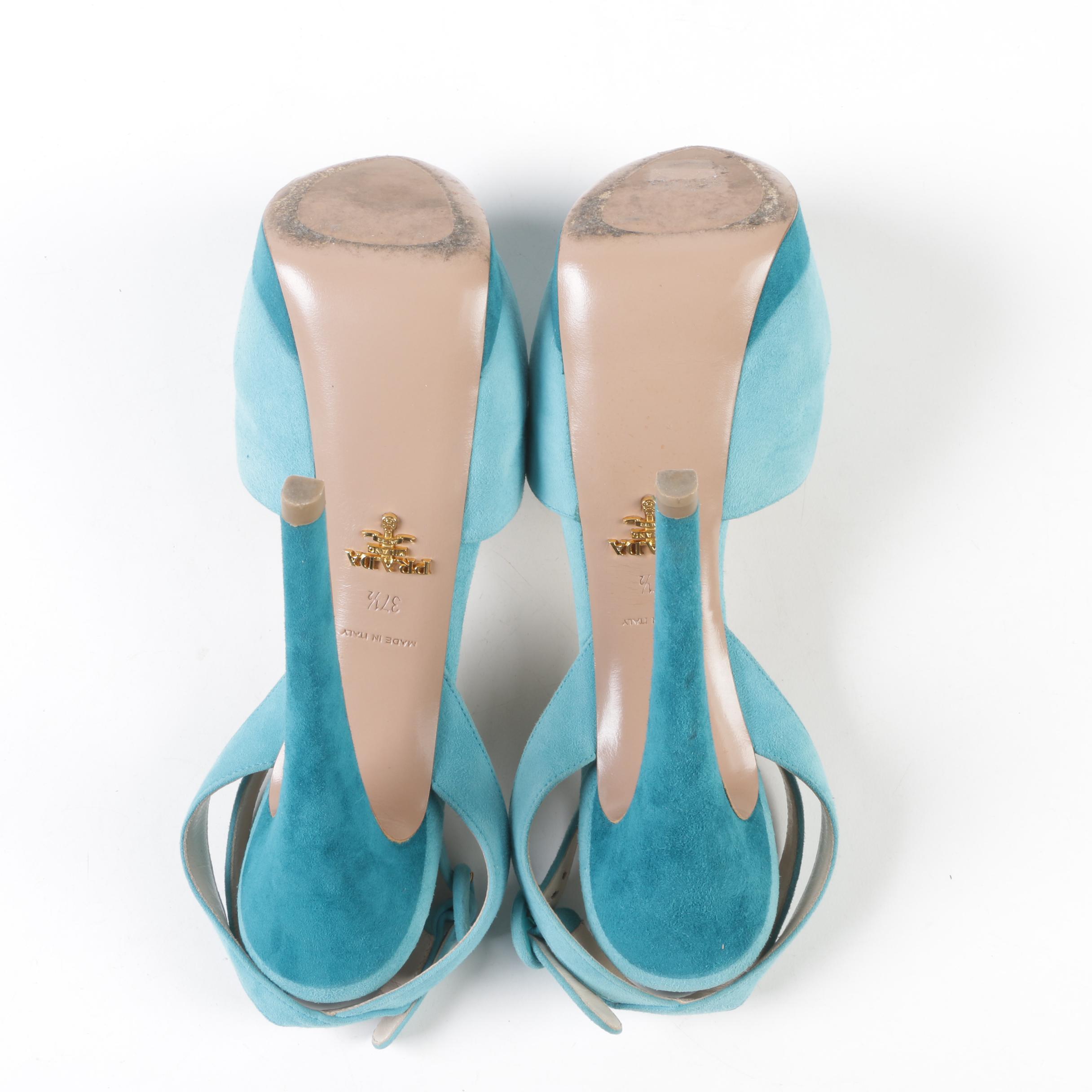 Prada Two-Tone Turquoise Suede Platform Stiletto Sandals with Ankle Straps