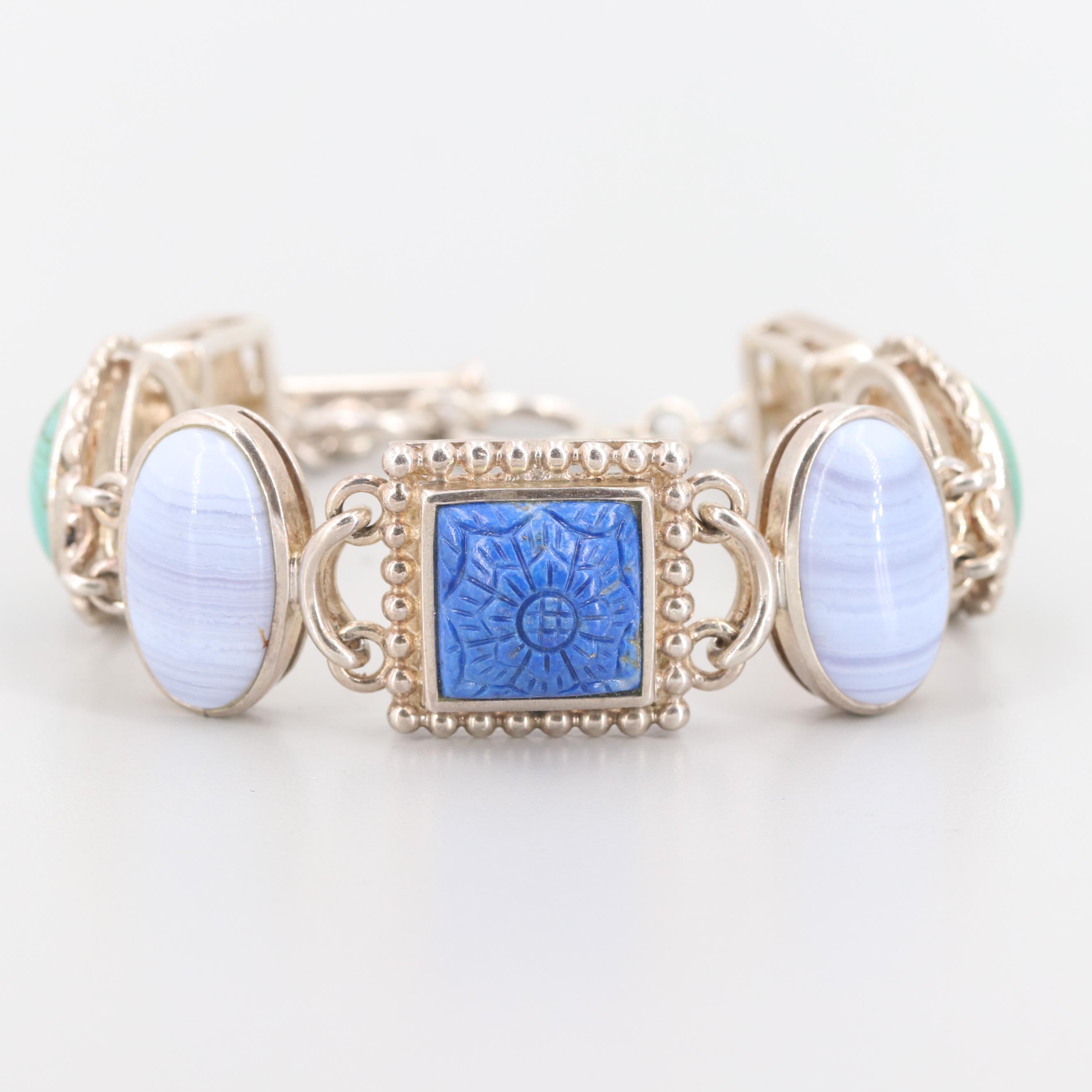 Sterling Silver Lapis Lazuli, Lace Agate, Turquoise, Mother of Pearl Bracelet