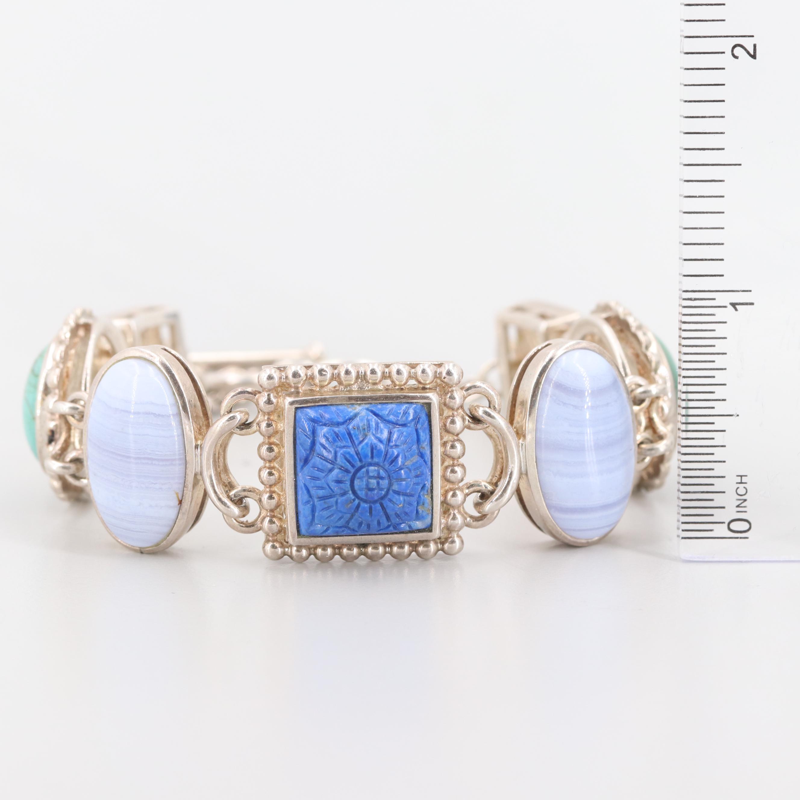 Sterling Silver Lapis Lazuli, Lace Agate, Turquoise, Mother of Pearl Bracelet