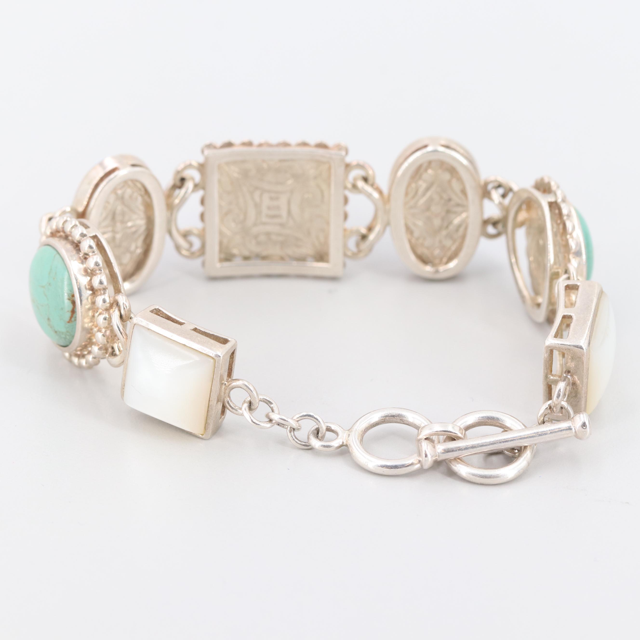 Sterling Silver Lapis Lazuli, Lace Agate, Turquoise, Mother of Pearl Bracelet