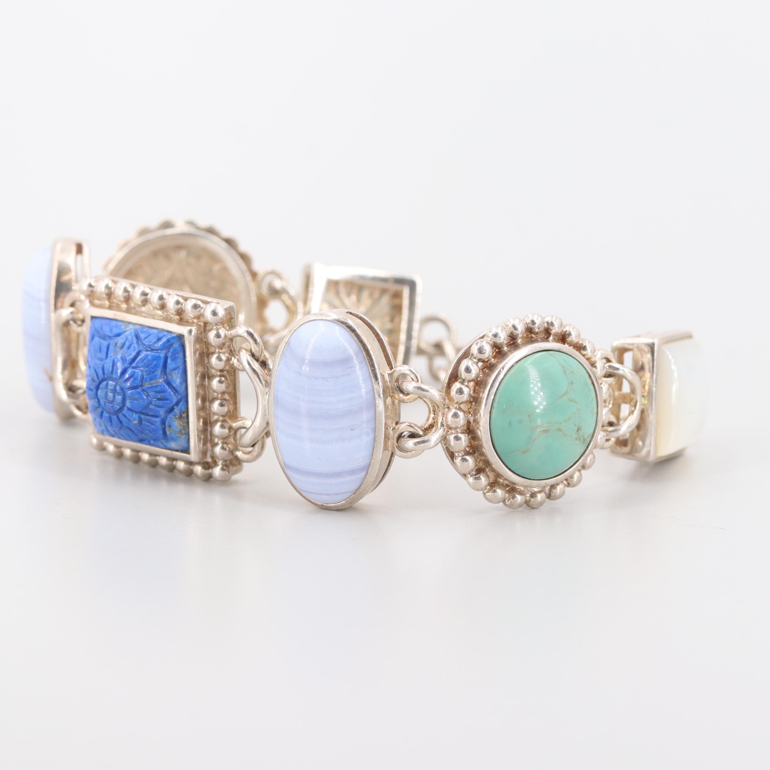 Sterling Silver Lapis Lazuli, Lace Agate, Turquoise, Mother of Pearl Bracelet