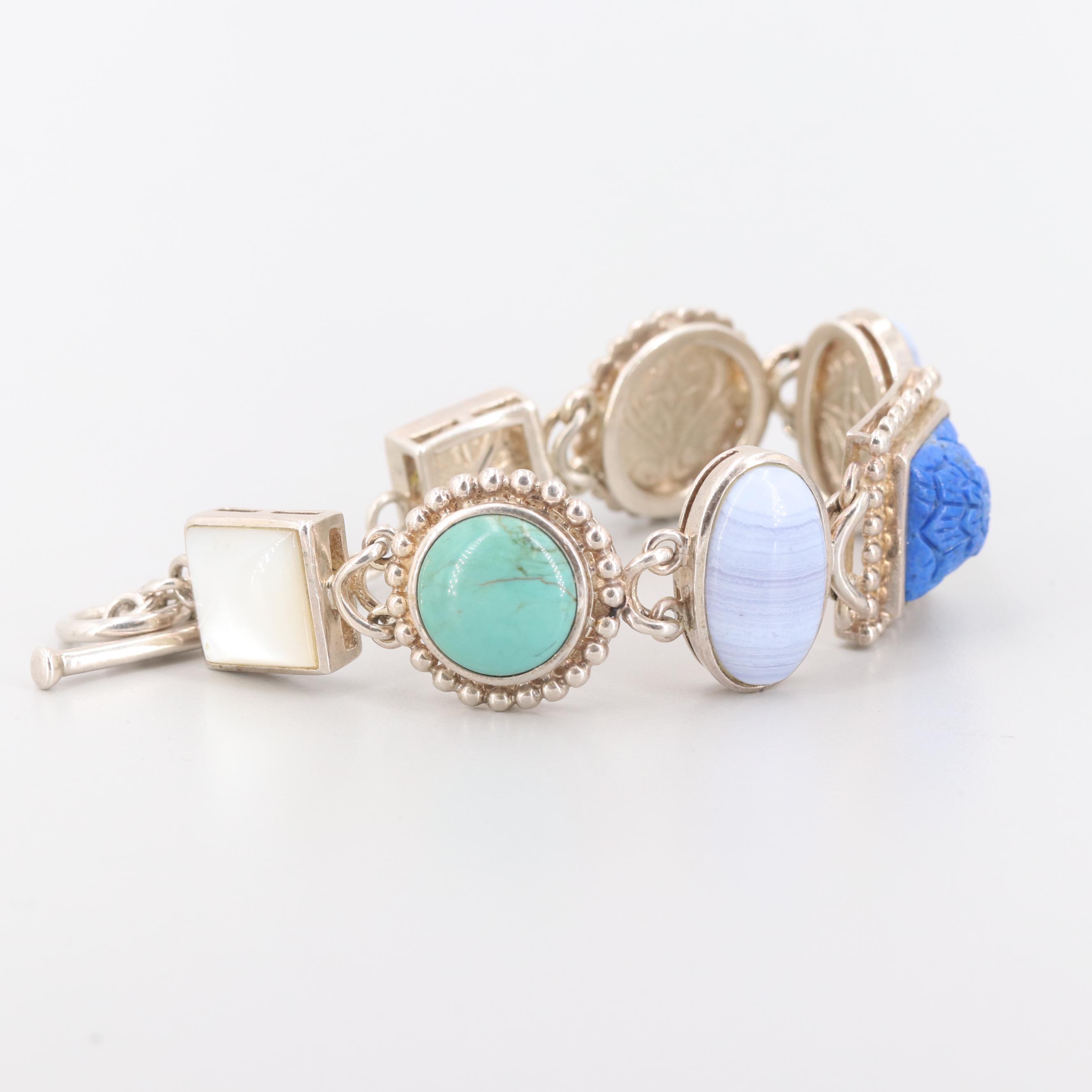 Sterling Silver Lapis Lazuli, Lace Agate, Turquoise, Mother of Pearl Bracelet