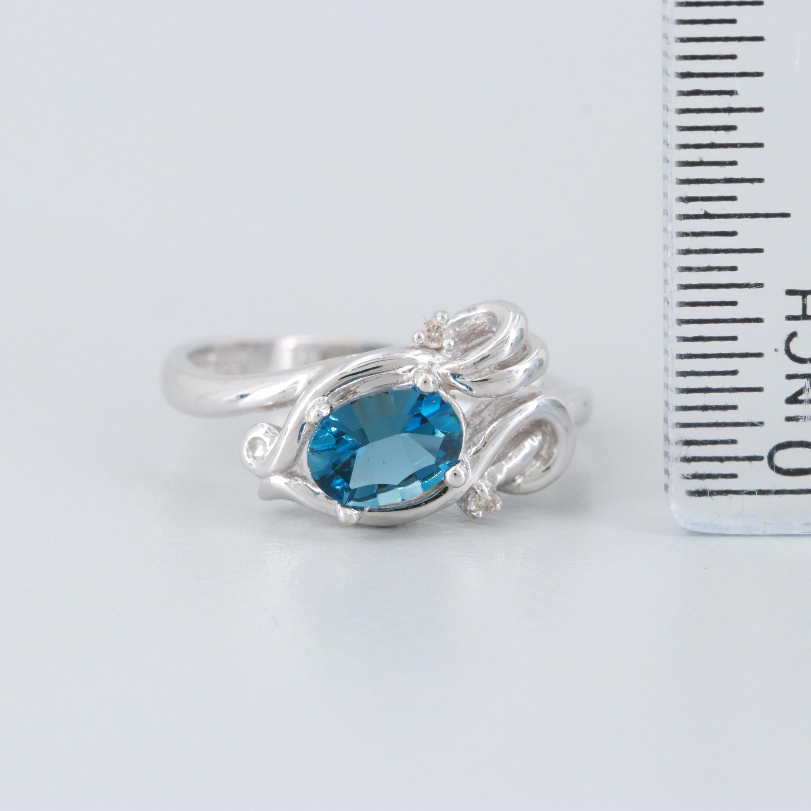 14K White Gold Blue Topaz and Diamond Ring