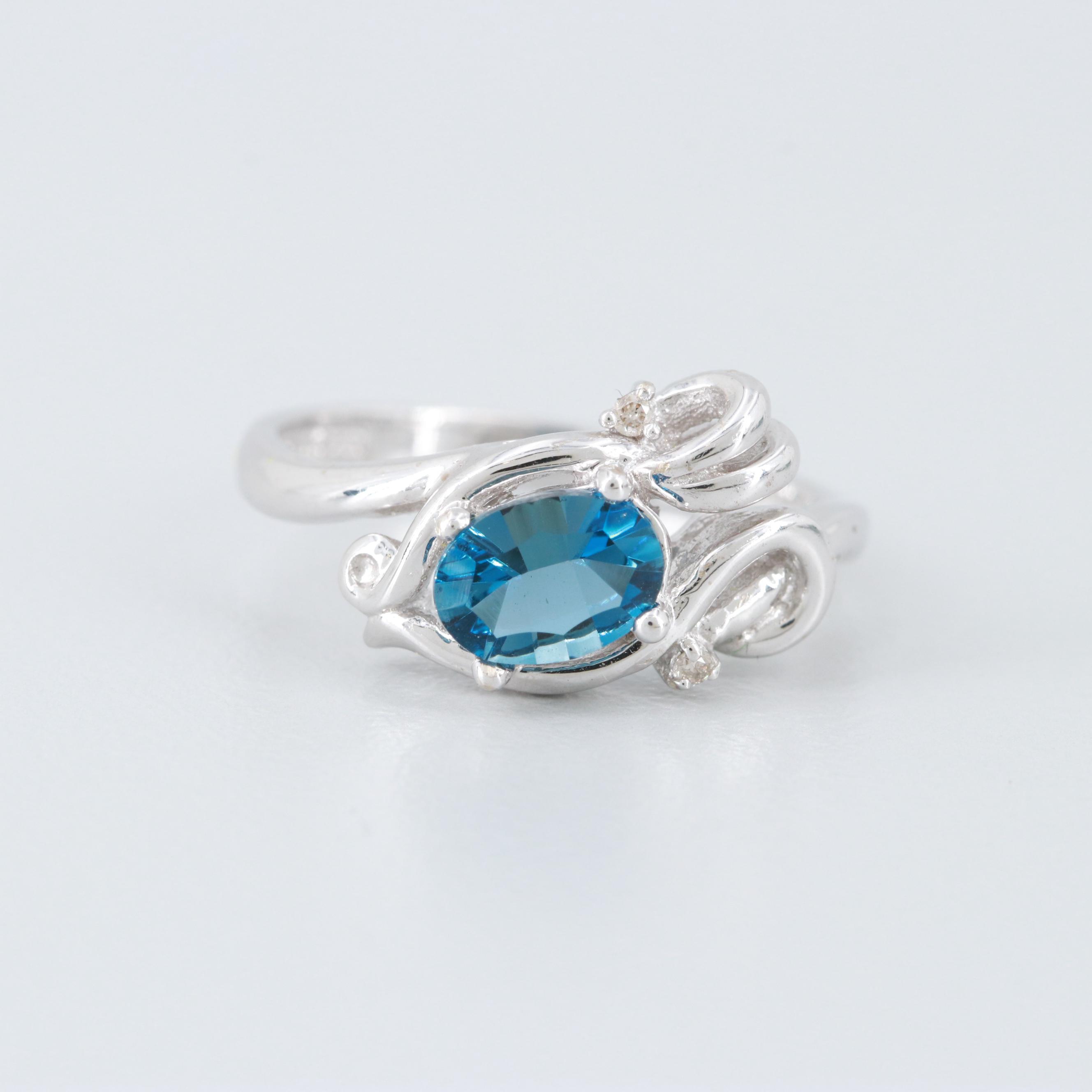 14K White Gold Blue Topaz and Diamond Ring