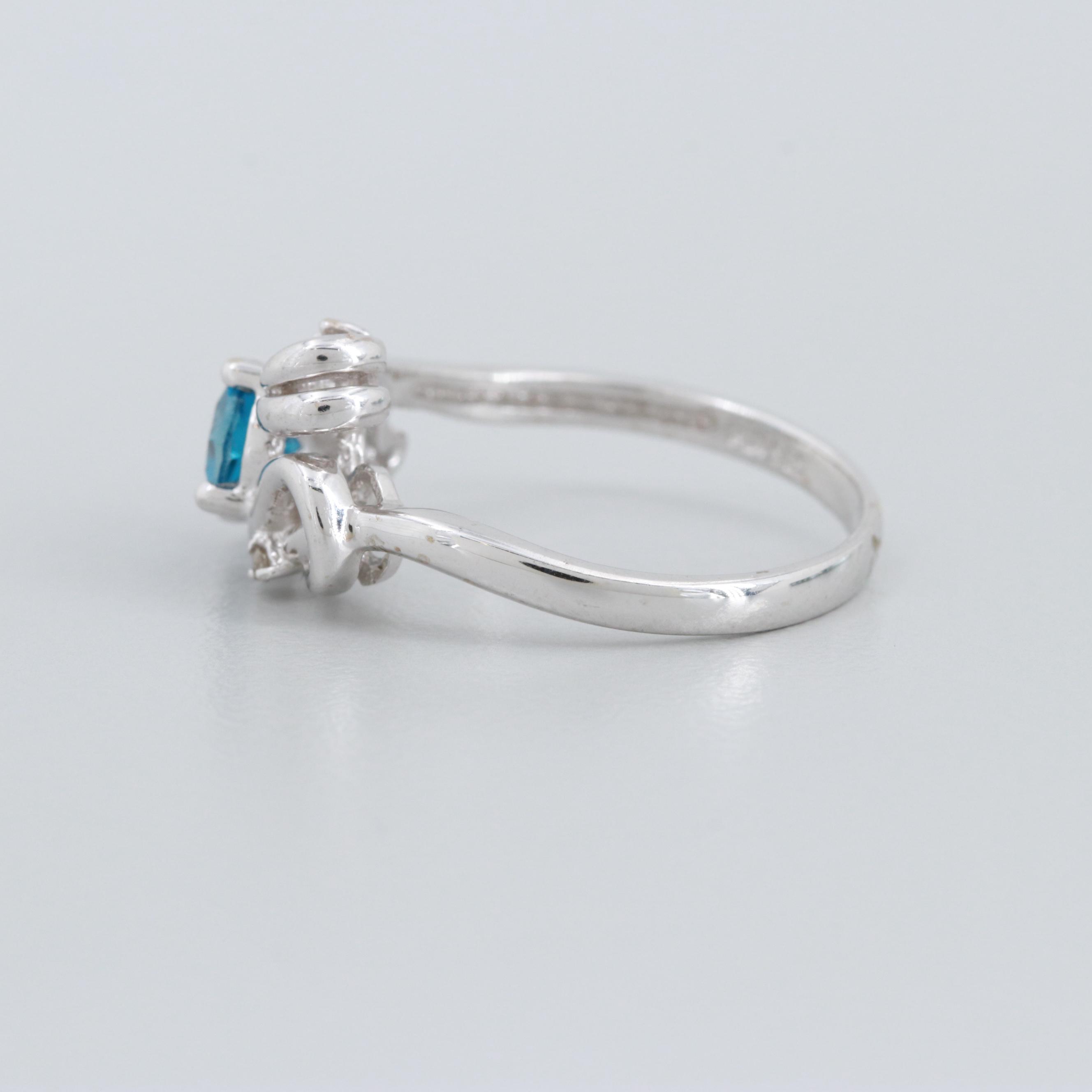 14K White Gold Blue Topaz and Diamond Ring